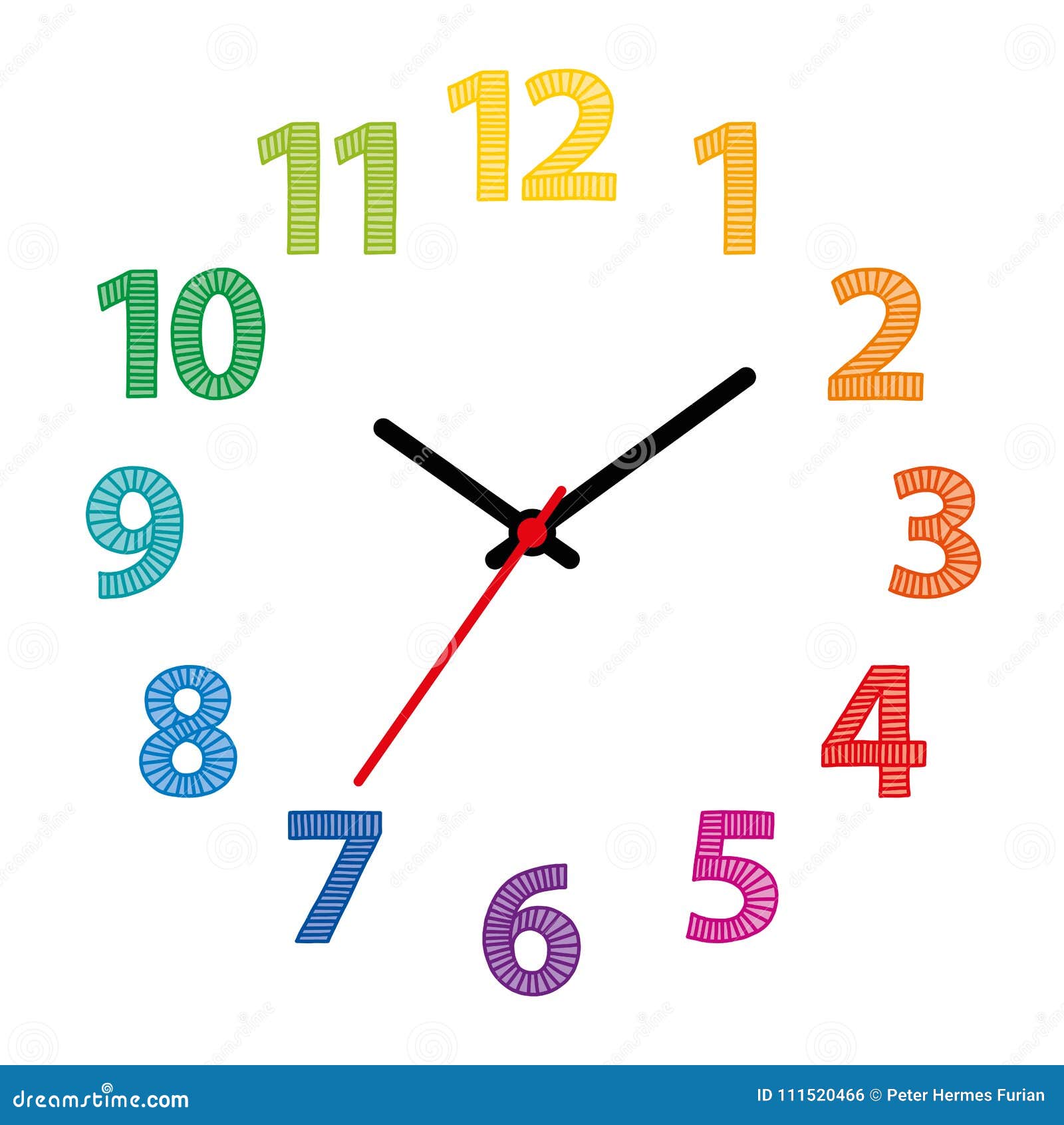 Rainbow Colored Dial. Clock Face with Colorful Numerals Stock Vector