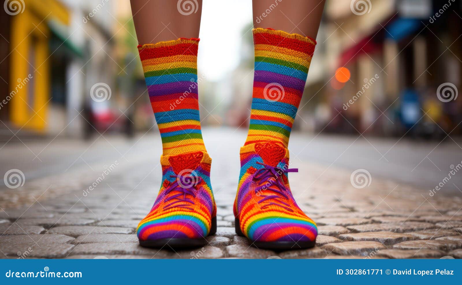 Rainbow Colored Socks and Shoes on Cobblestone Street.Generative AI