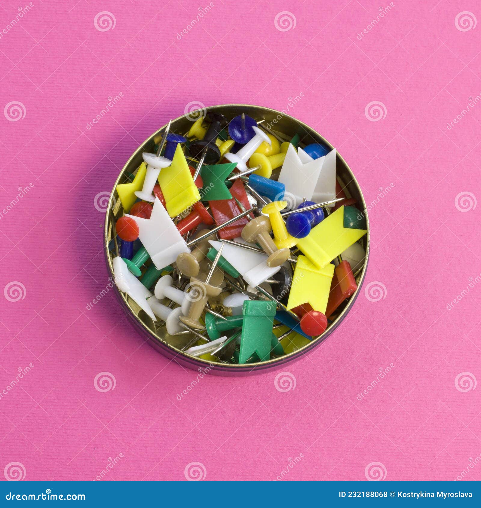 Rainbow Colored Straight Pins Collection in Tin Can on Bright Pink