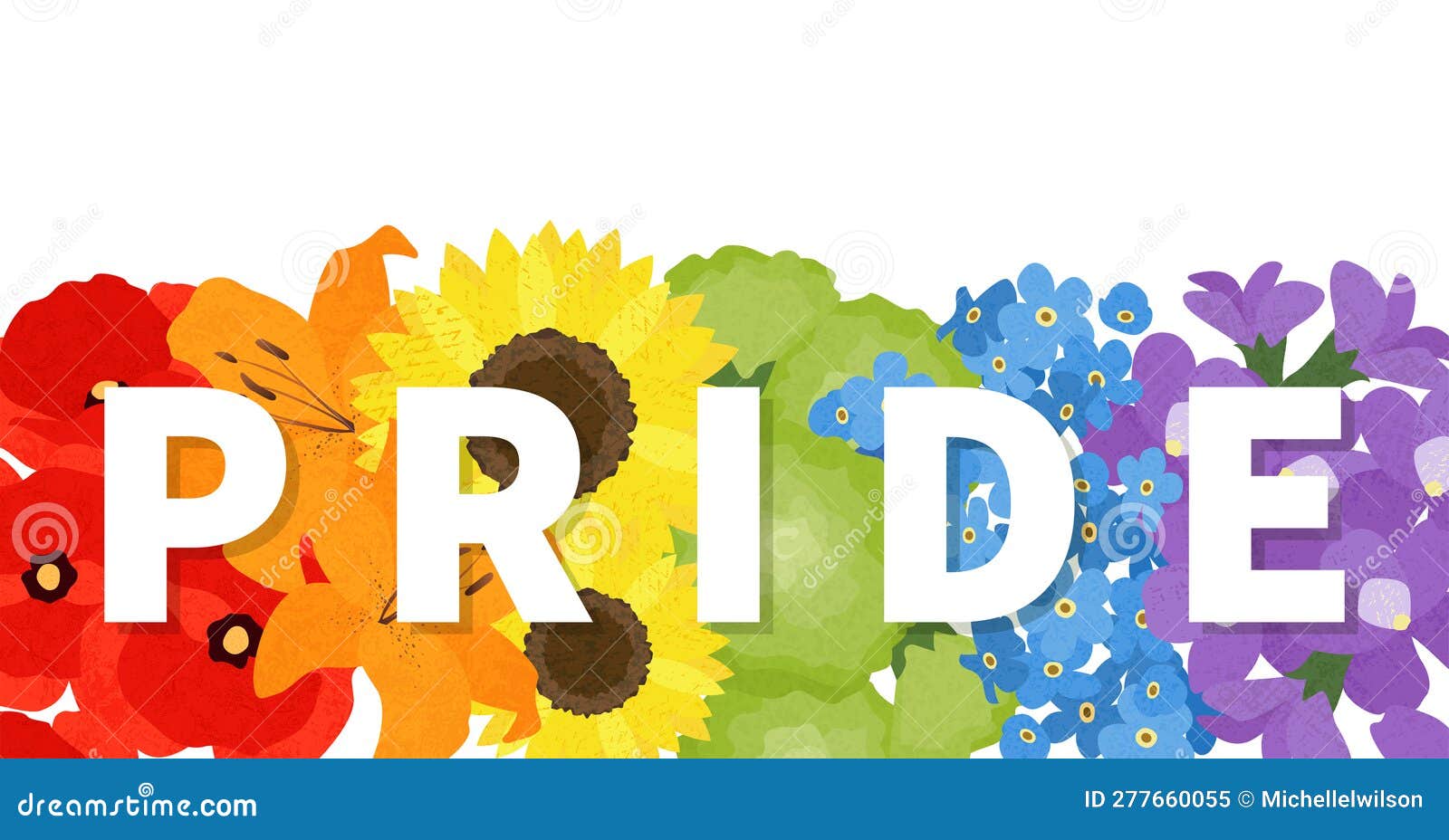 A Rainbow Flower Garden with the Word Pride, in a Cut Paper Style with