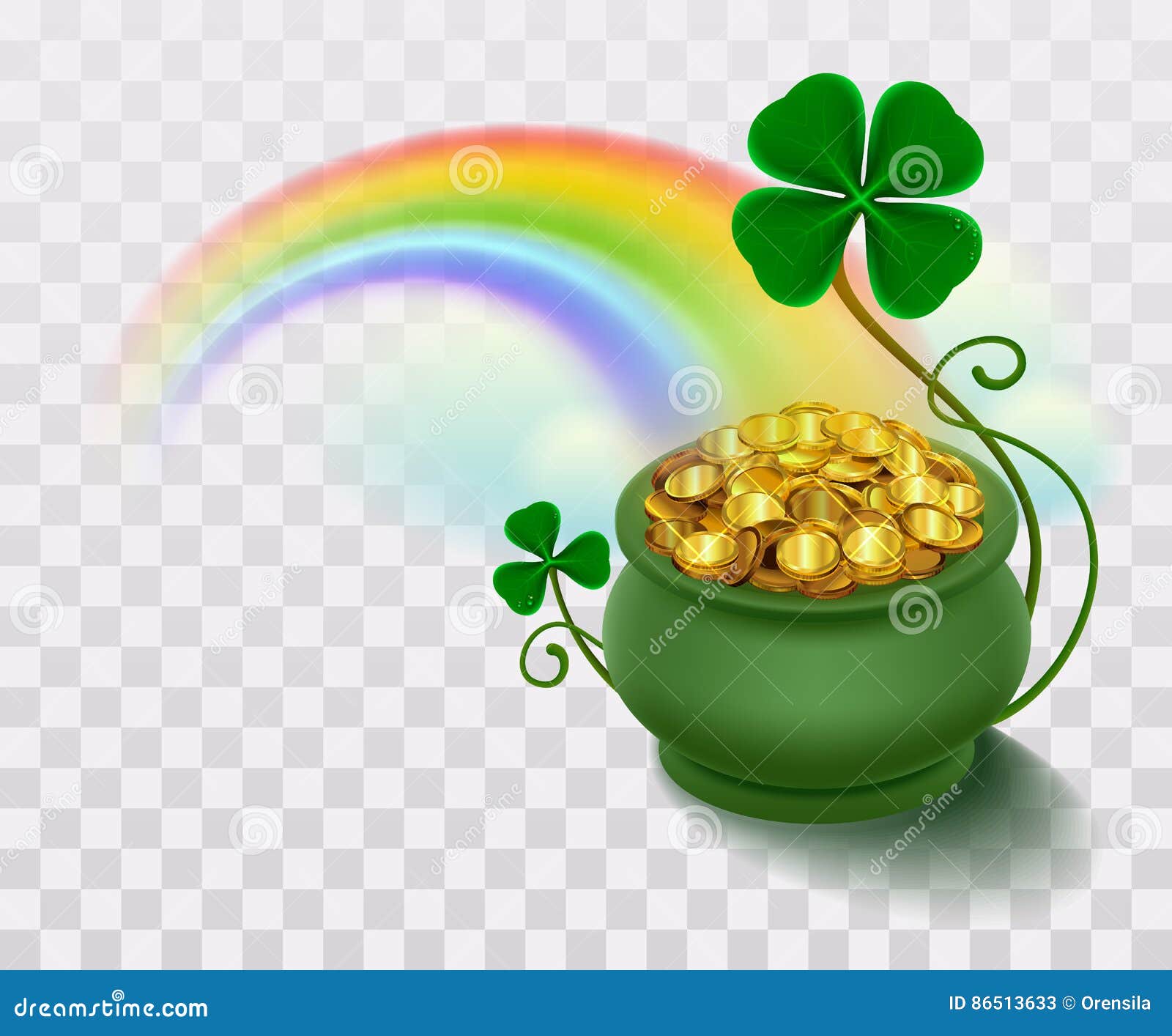 rainbow, green leaf lucky clover and pot full of gold
