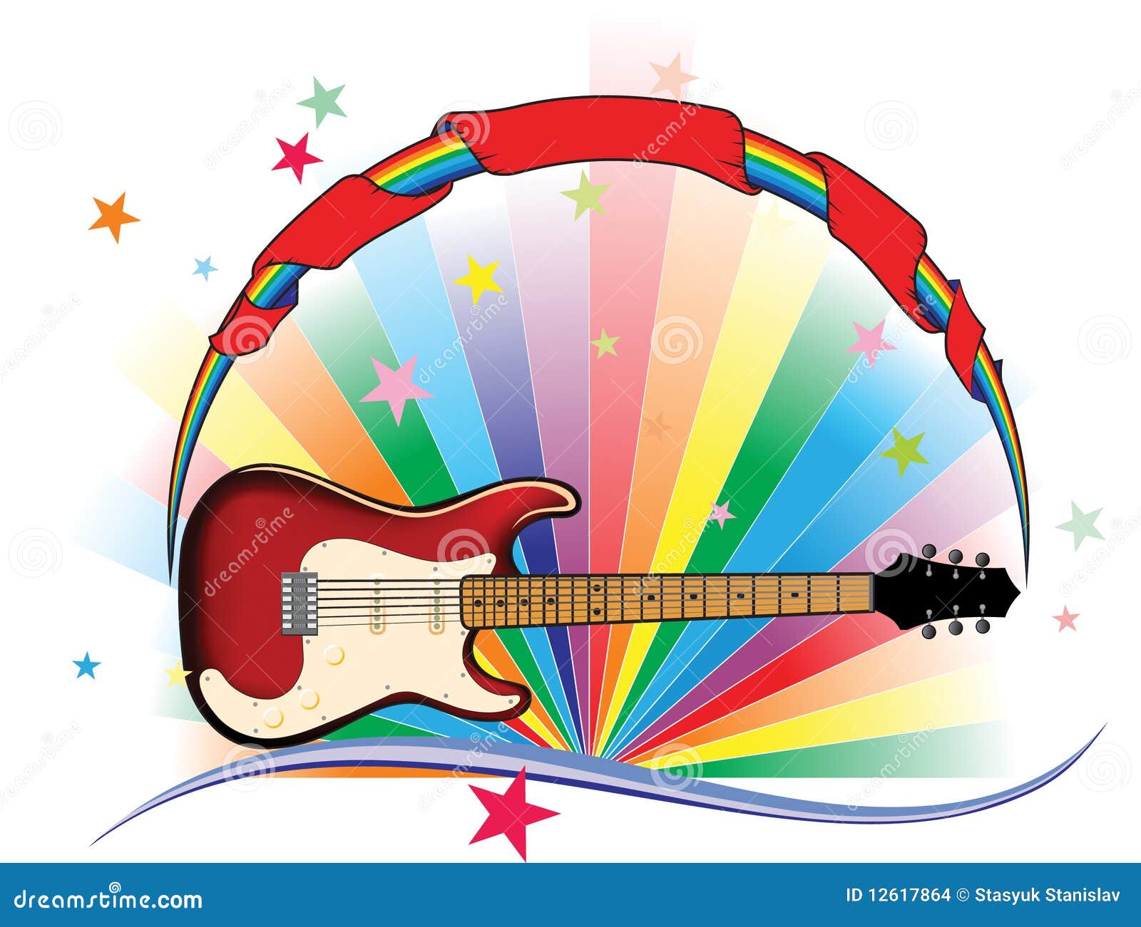 Rainbow Guitar with Stars and Banner Stock Vector Illustration of