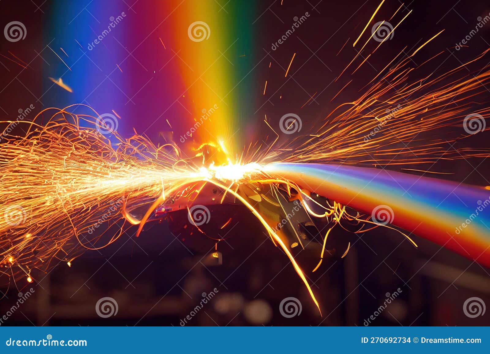 Rainbow Interference Welding Process with Sparks and Splashes of Fire