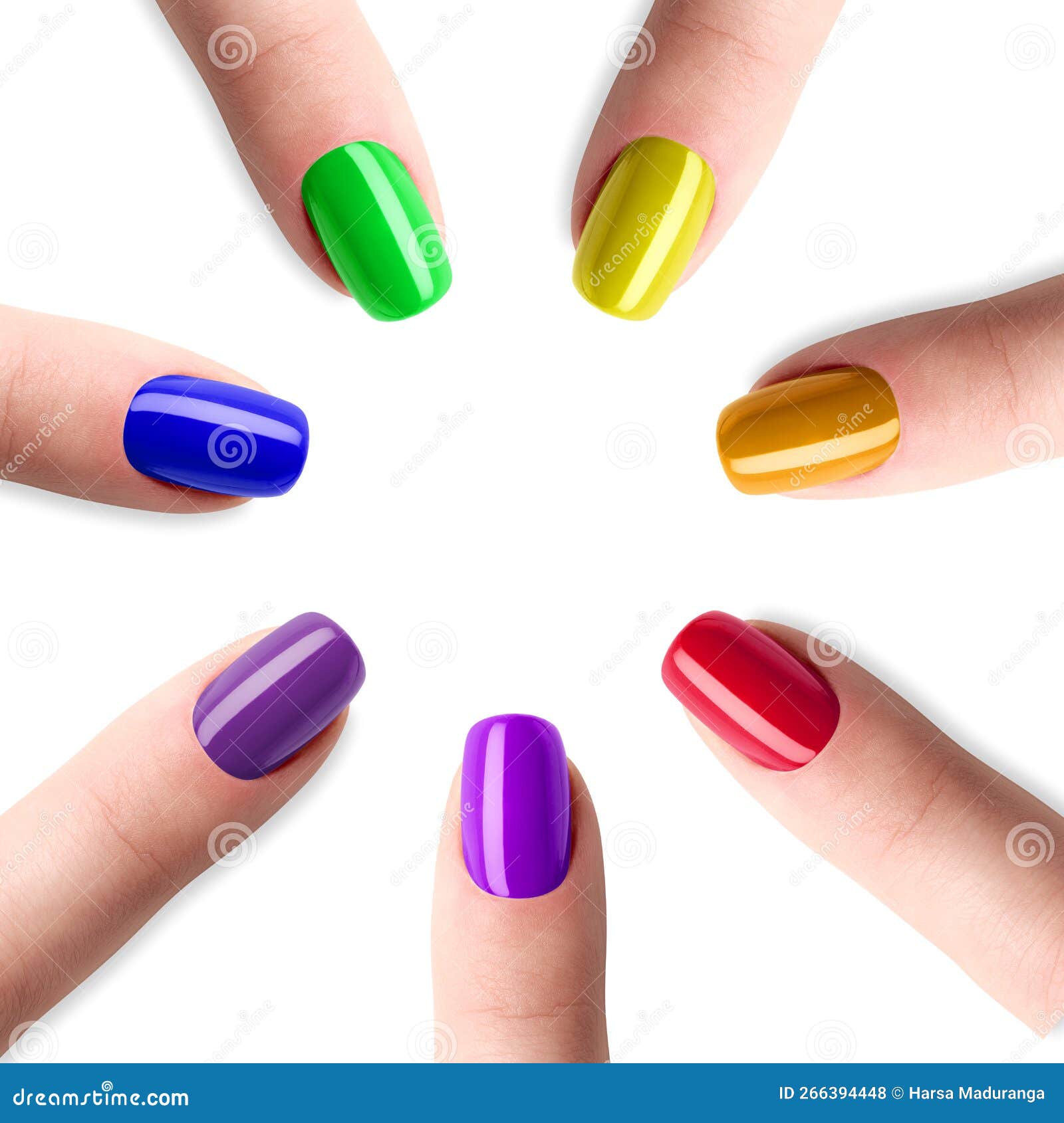 rainbow manicure, seven color nail polish.