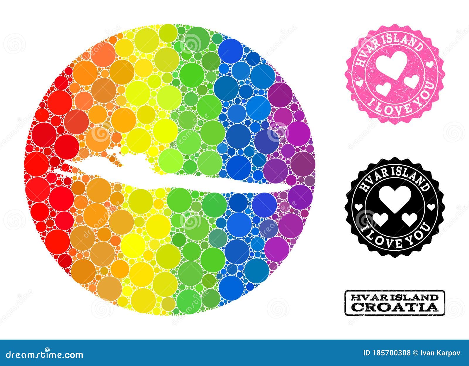 rainbow mosaic stencil round map of hvar island and love grunge seal for lgbt