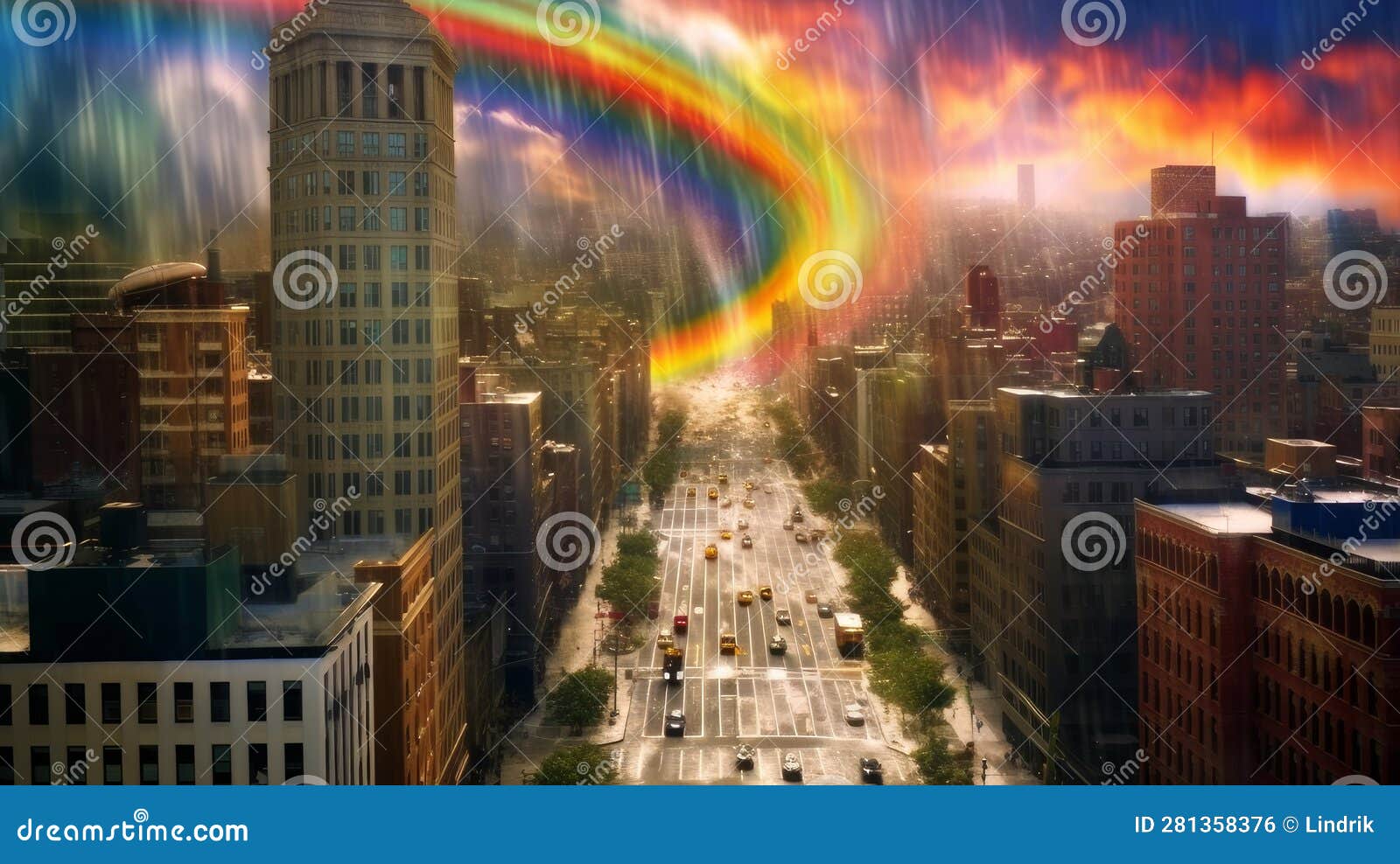 Rainbow in the city stock illustration. Illustration of outdoor 281358376