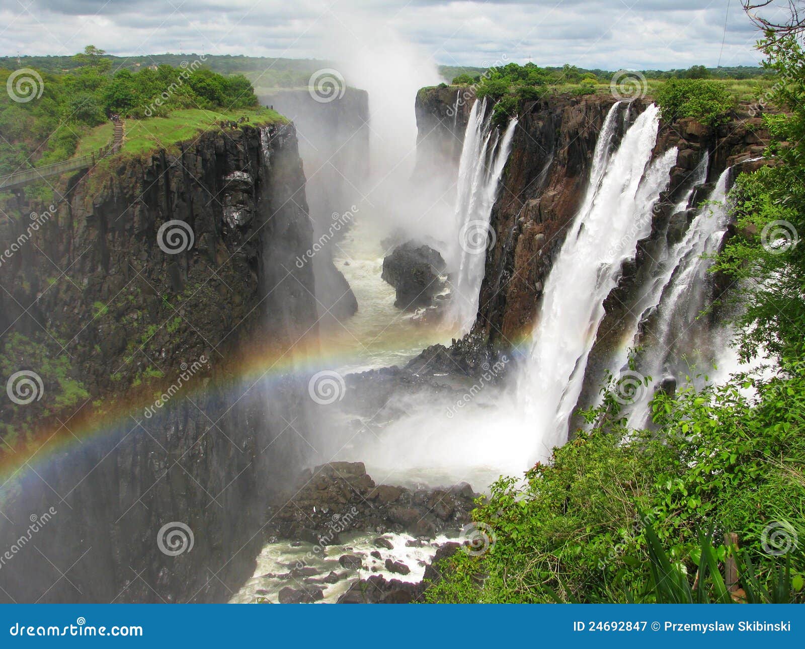 rainbow over victoria falls on zambezi river