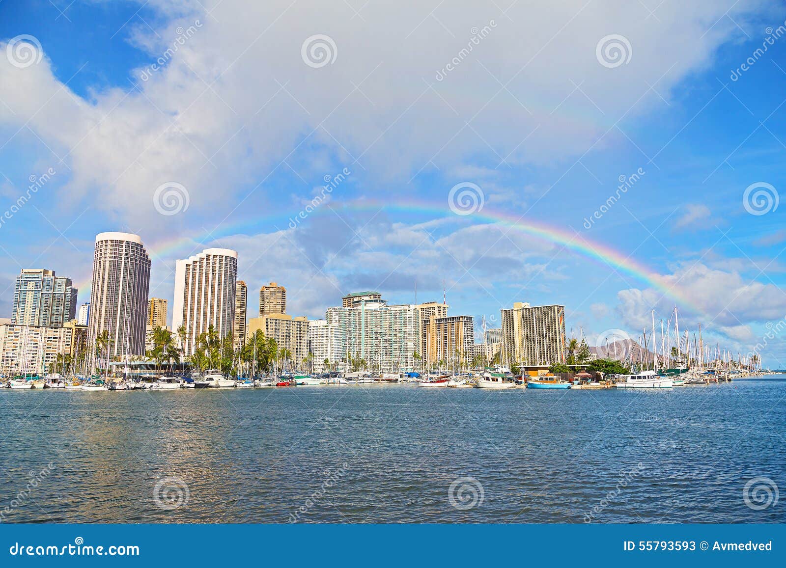 Rainbow Over Waikiki Beach Resort And Marina In Honolulu 