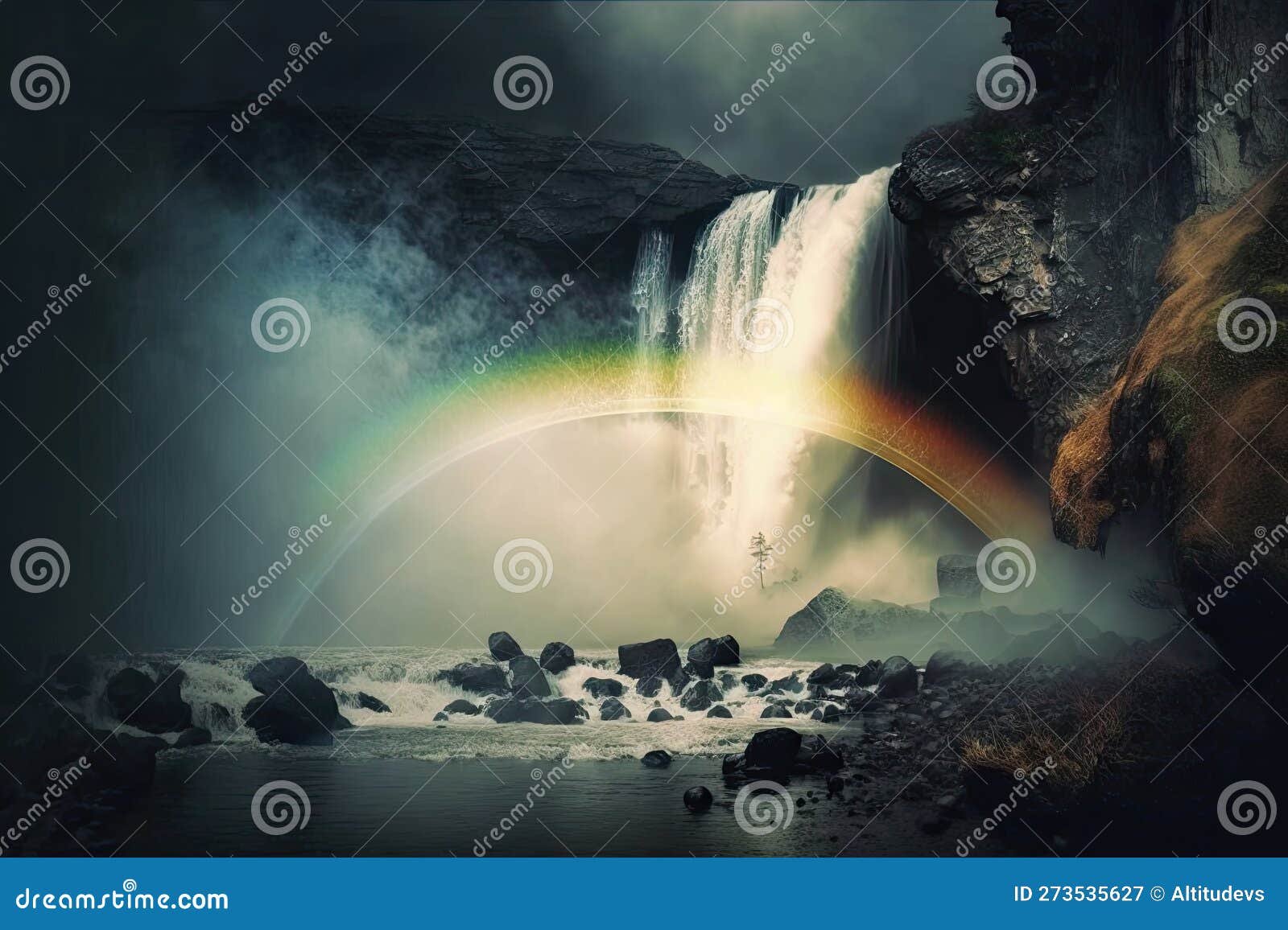 Rainbow Over a Waterfall, Surrounded by Mist and Raindrops Stock ...