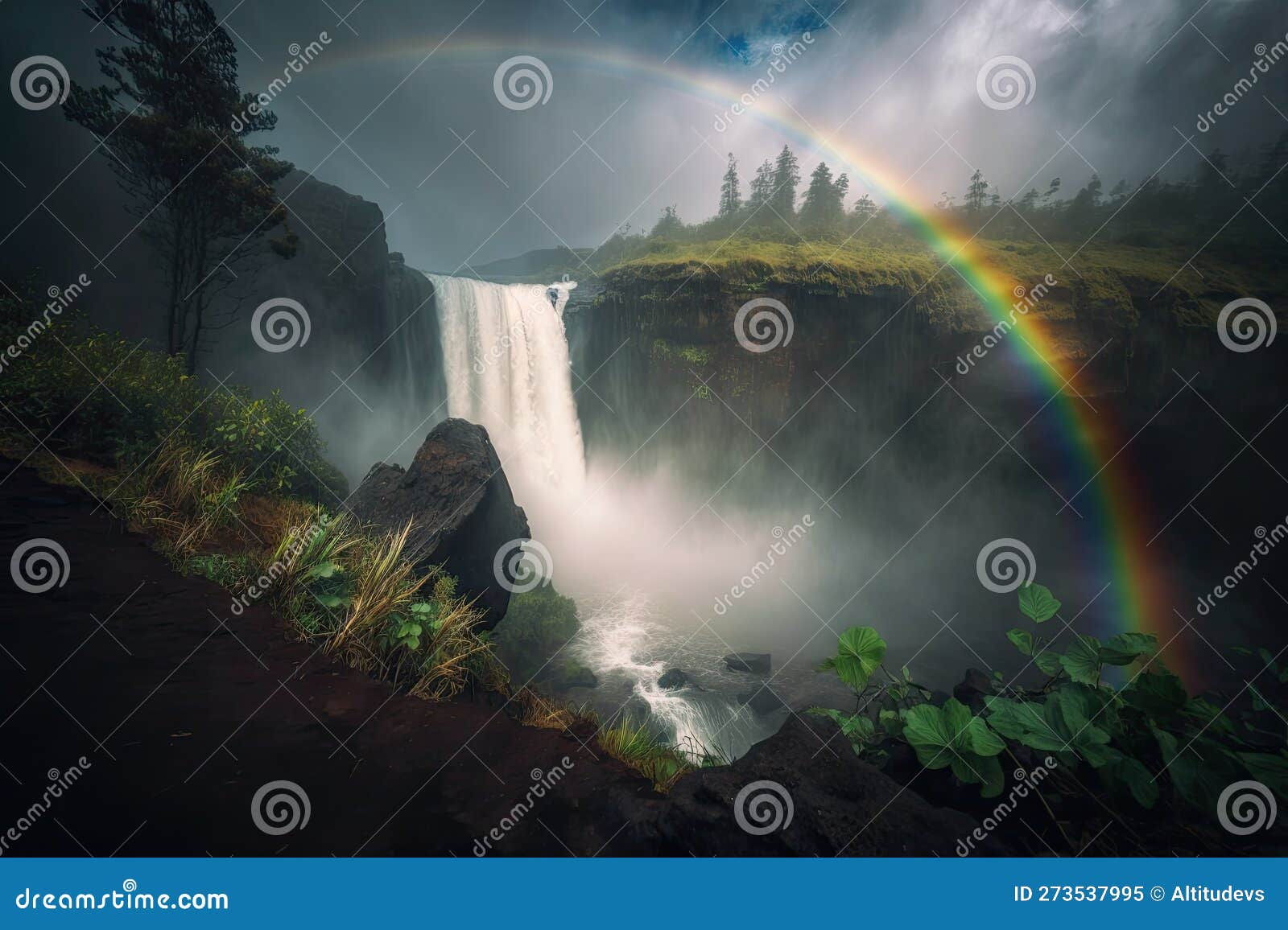 Rainbow Over Waterfall Surrounded by Mist, with View of the Forest in ...