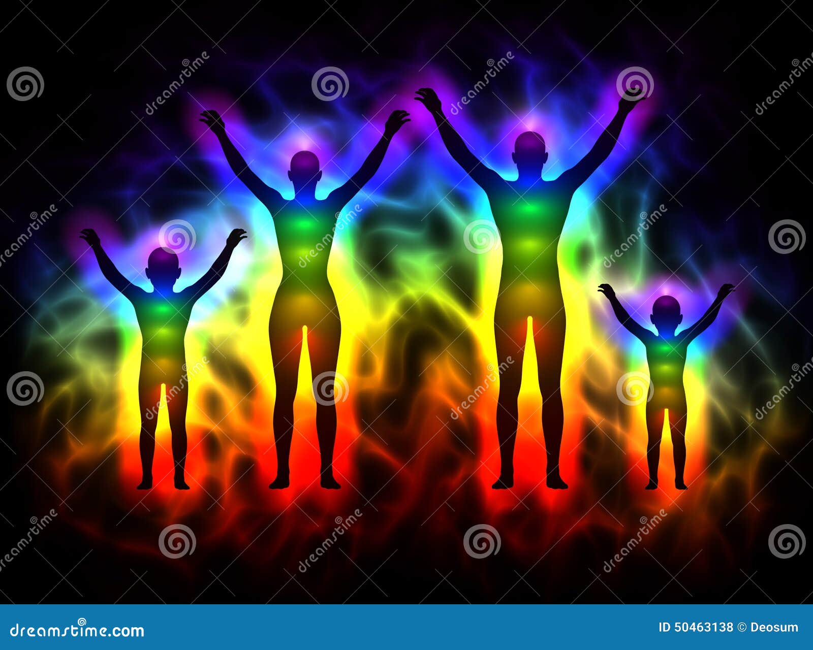 rainbow silhouette with aura and chakras - family