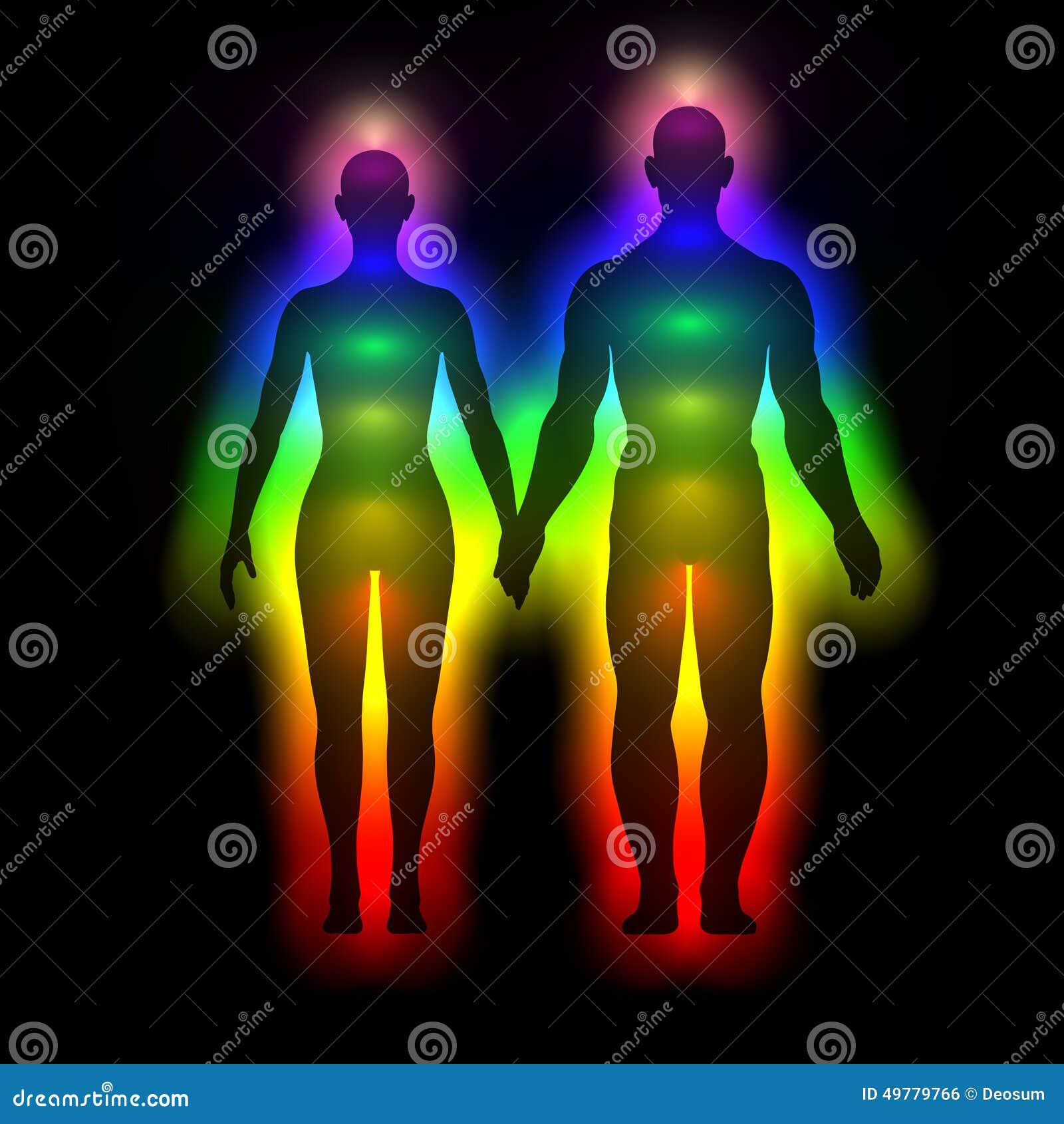 rainbow silhouette of human body with aura - woman and man