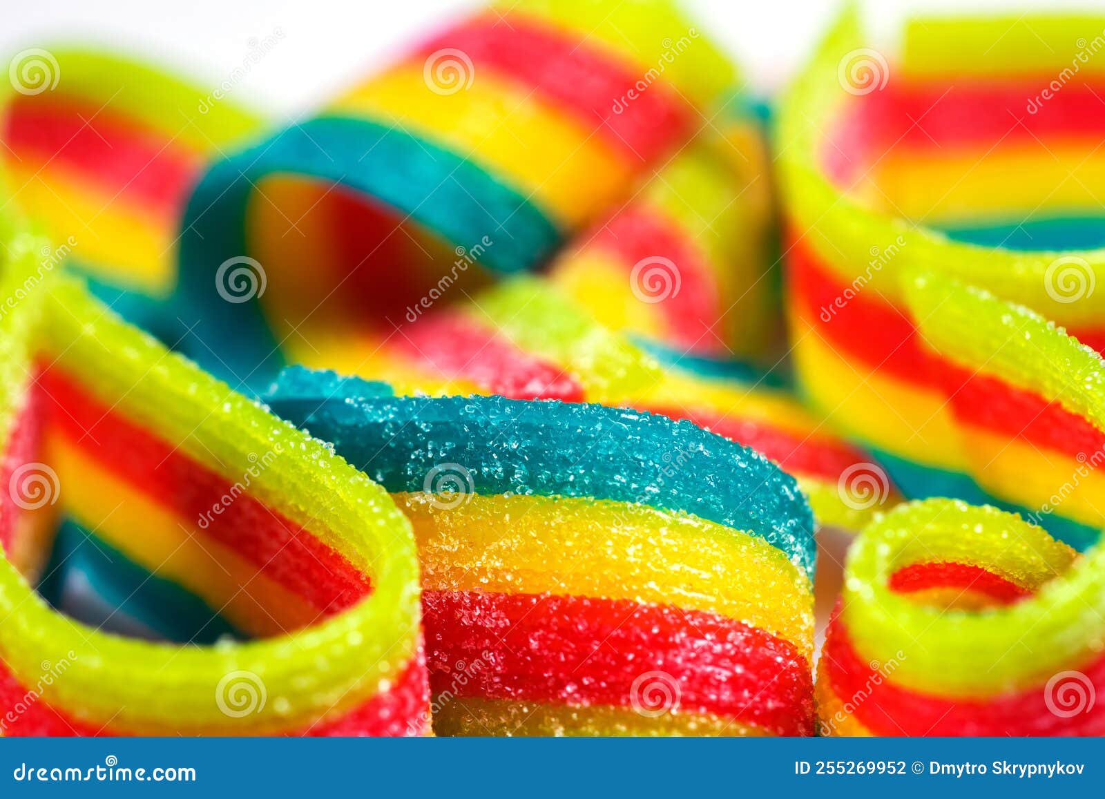 Rainbow Sour Jelly Candies Strips in Sugar Sprinkle Stock Photo Image