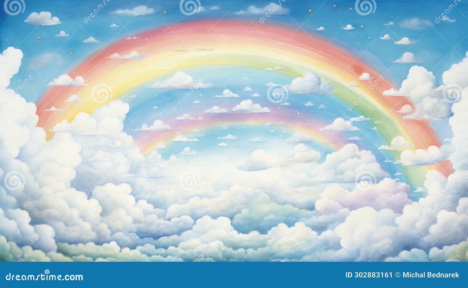 Rainbow Spanning Across Blue Sky with Fluffy White Clouds. Wall Art