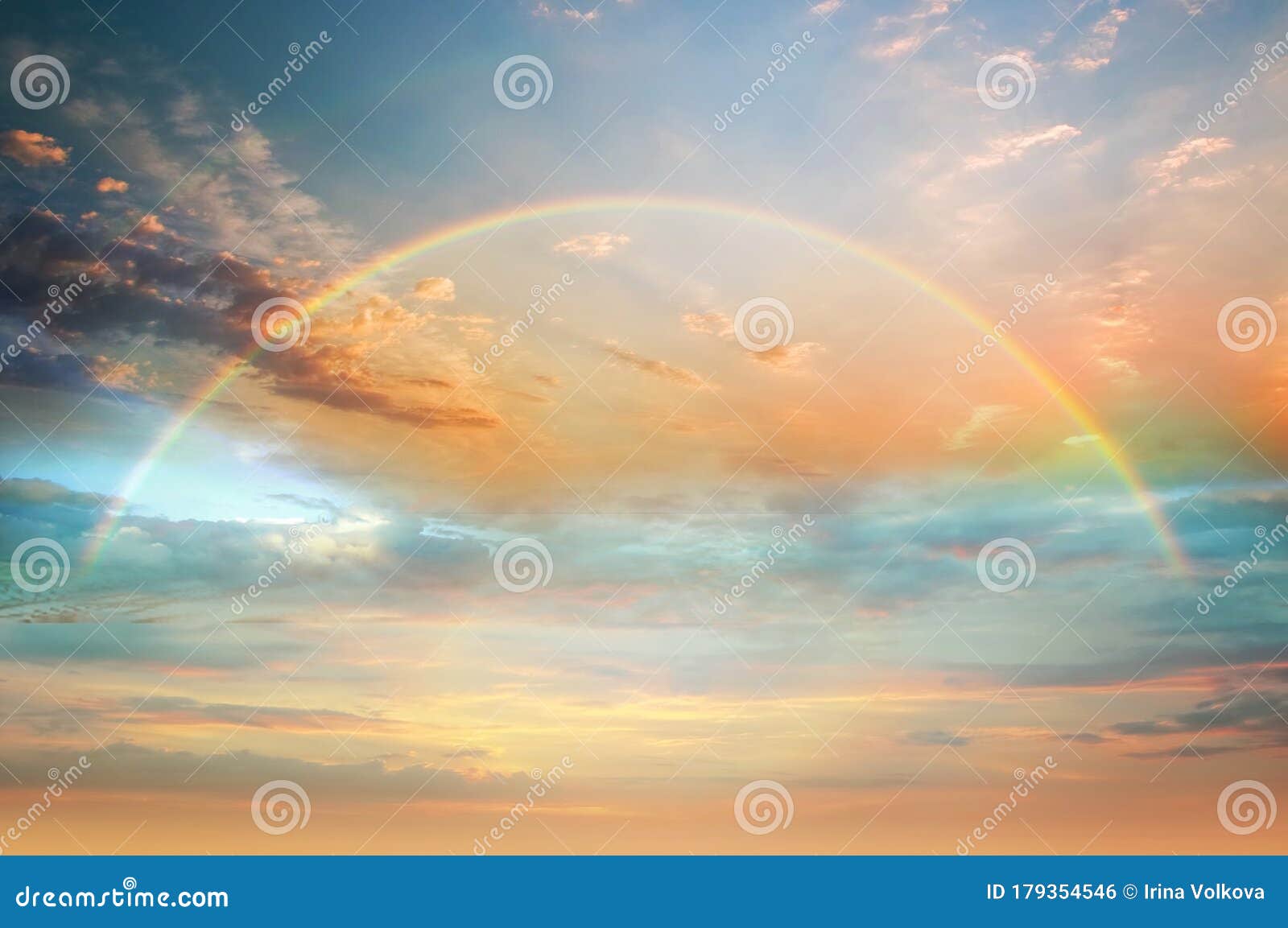 rainbow colorful  sunset on   blue pink sky yellow  clouds skyline ,water sea reflection beautiful landscape    summer  nature