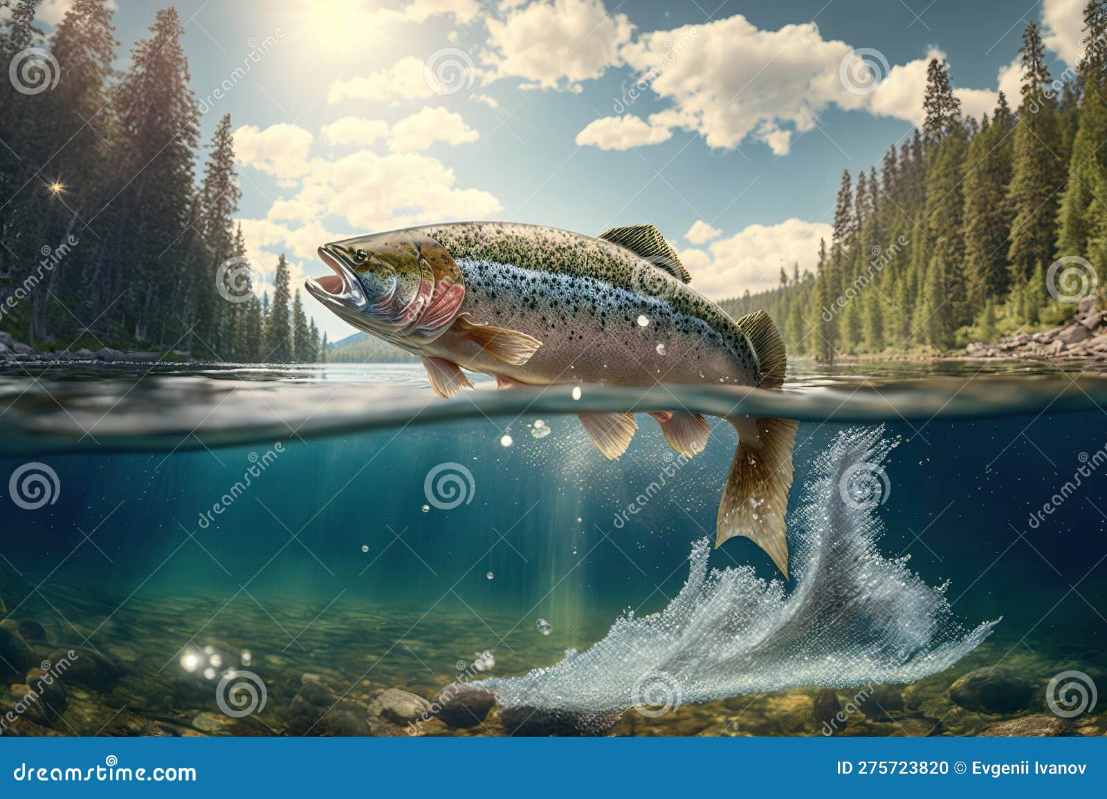 Rainbow Trout Splashing in the River, Fishing. Fish Spawning Season