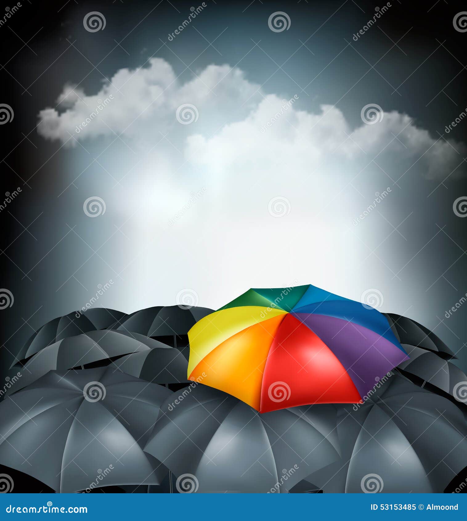 a rainbow umbrella amongst grey ones. uniqueness concept.