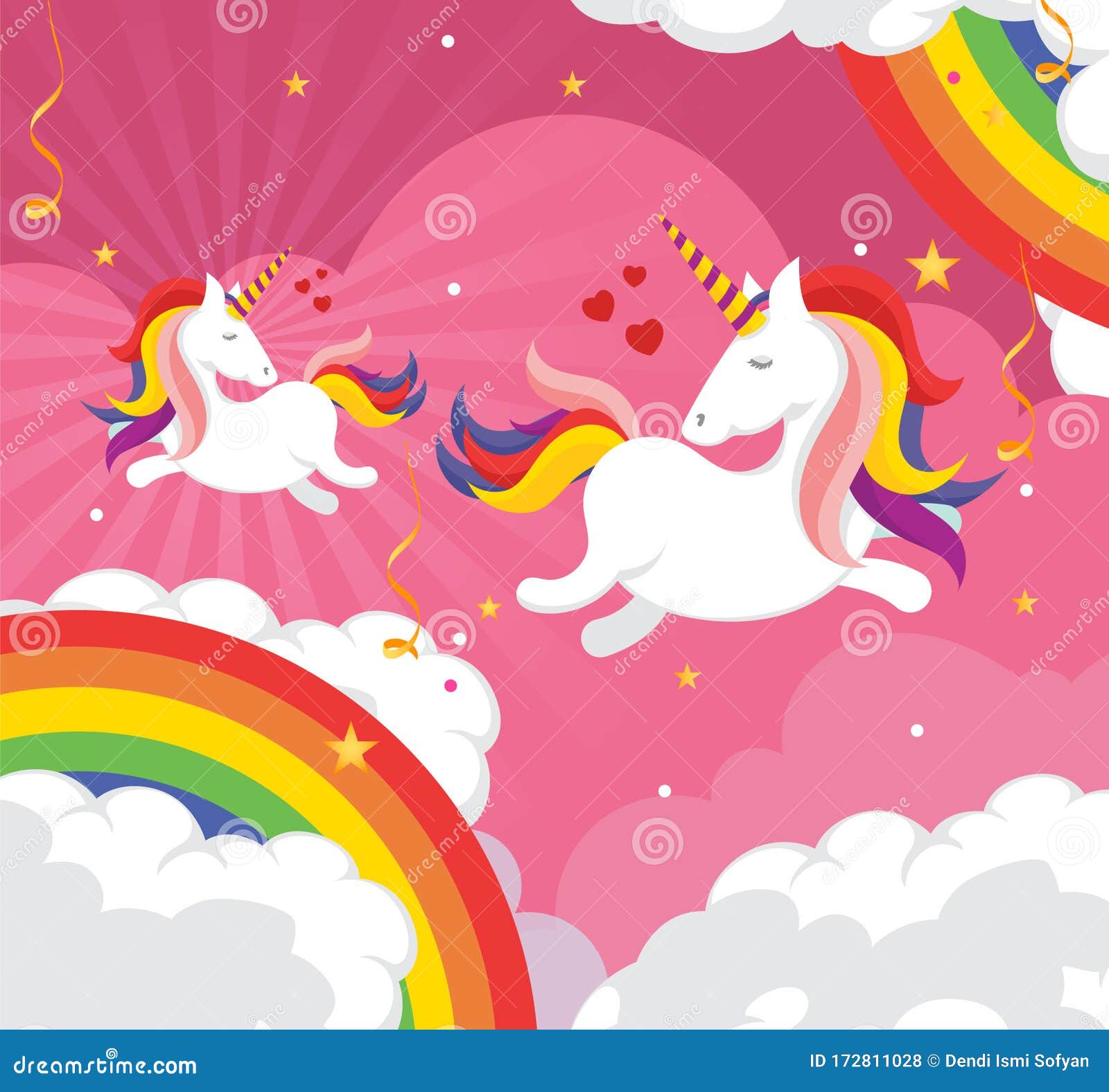 Rainbow Unicorn In A Fantasy Landscape Vector Illustration Stock Vector