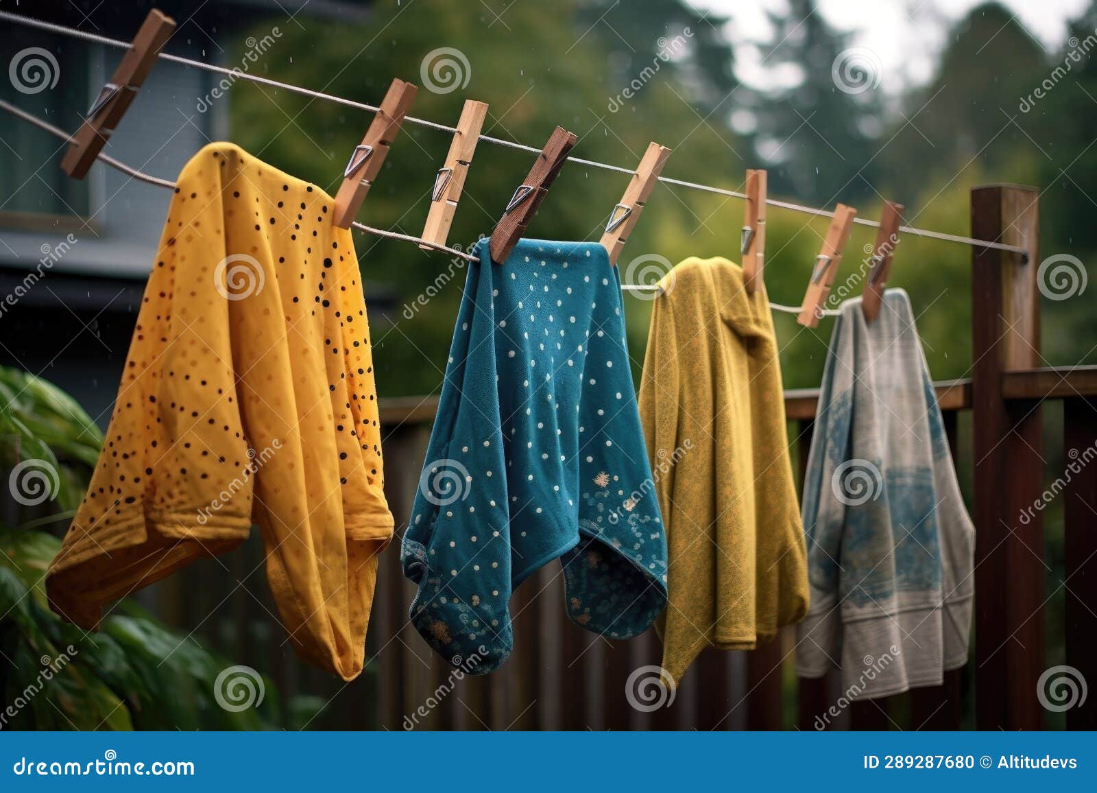 Raindrops on Clothes Drying after a Sudden Shower Stock Photo Image