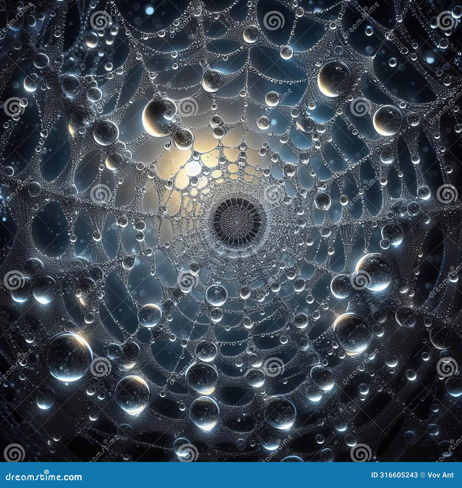 raindrops on a spider's web, with the intricate pattern glowing