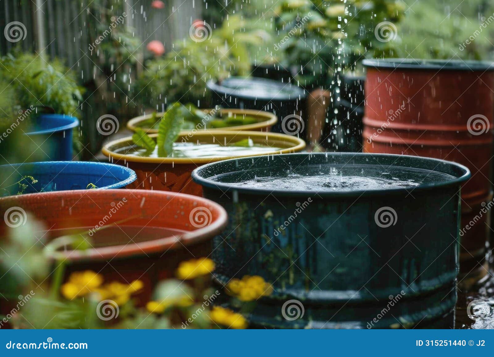 rainwater collecting in barrels during a heavy downpour in a tropical backyard setting