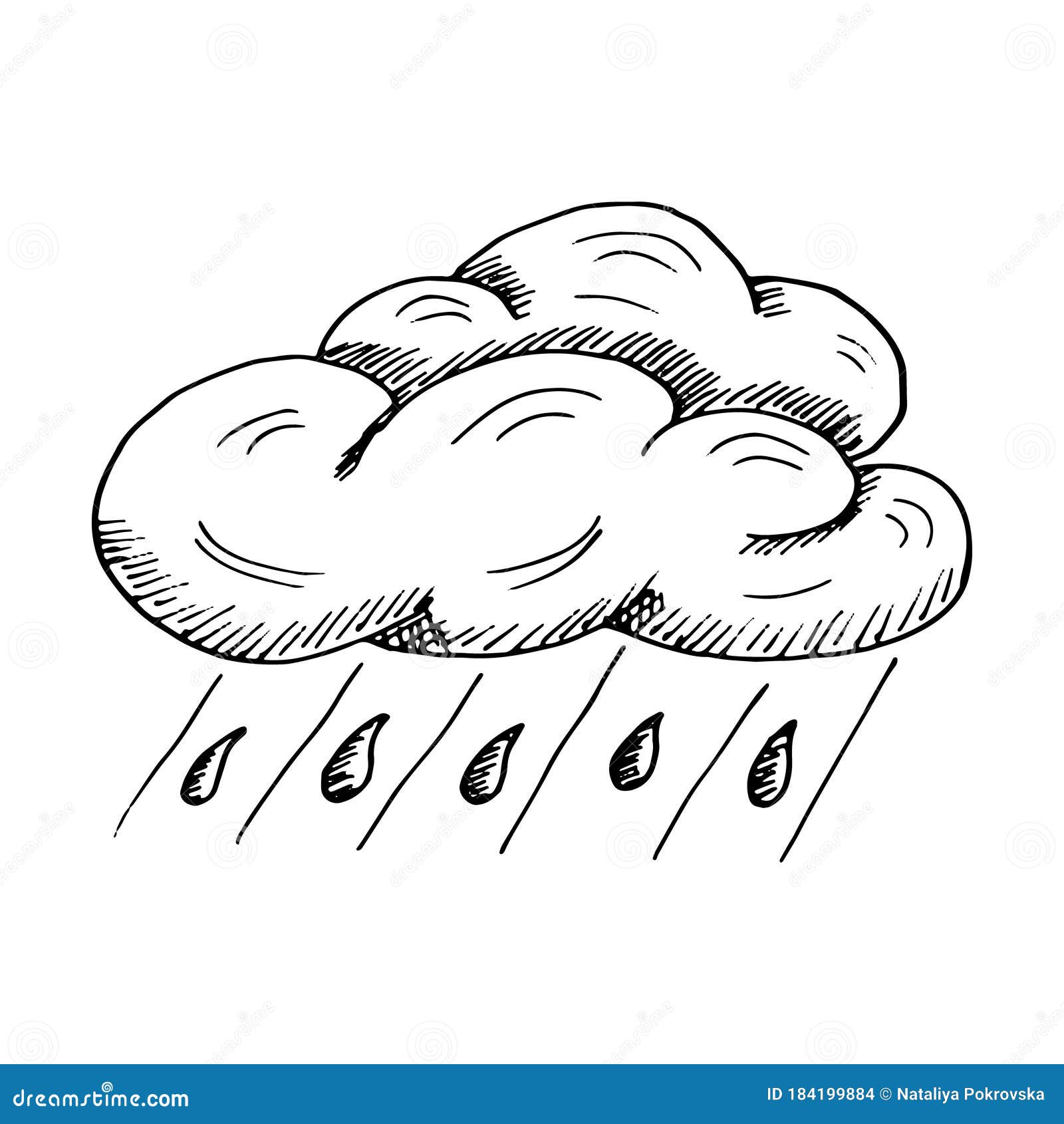Rainy Cloud Ith Water Drops Isolated on White Backgroun. Vector Hand ...