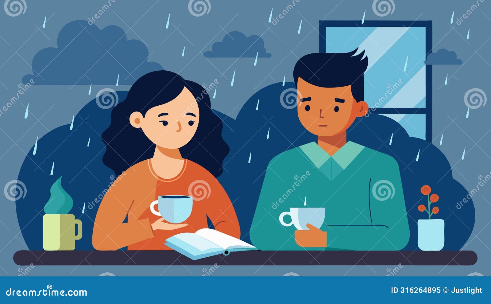 on a rainy day a couple sits at their kitchen table their journals in front of them. with steaming cups of tea in hand
