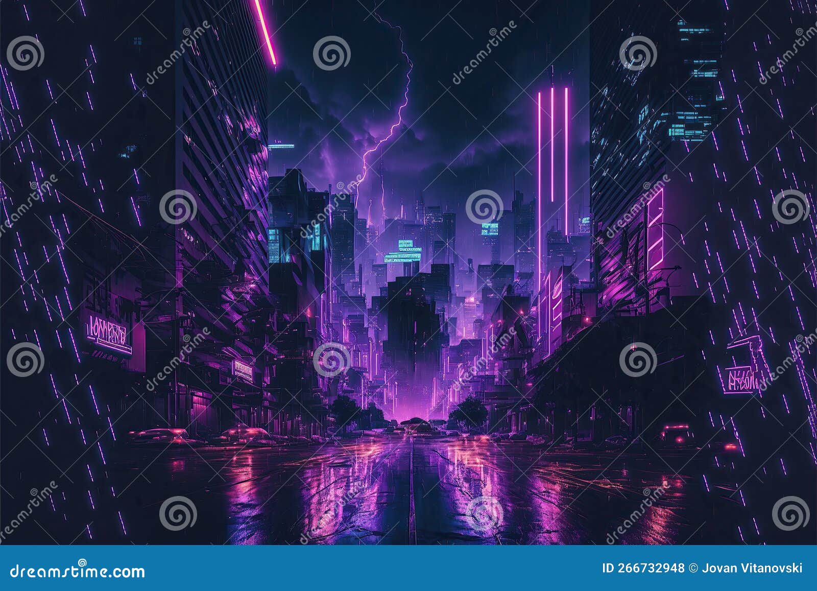 cyberpunk,city,metropolis,neon, rain,art illustration Stock Illustration