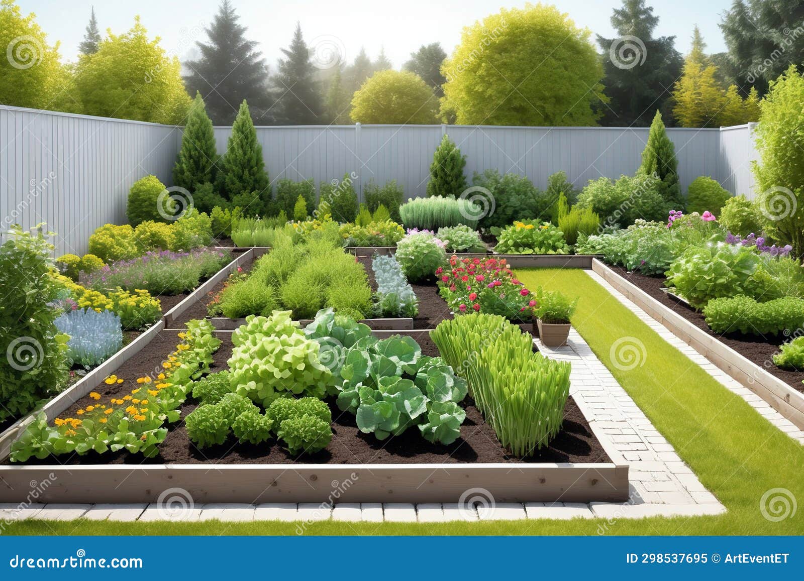 Raised Garden Beds with Plants in Vegetable Garden Stock Illustration