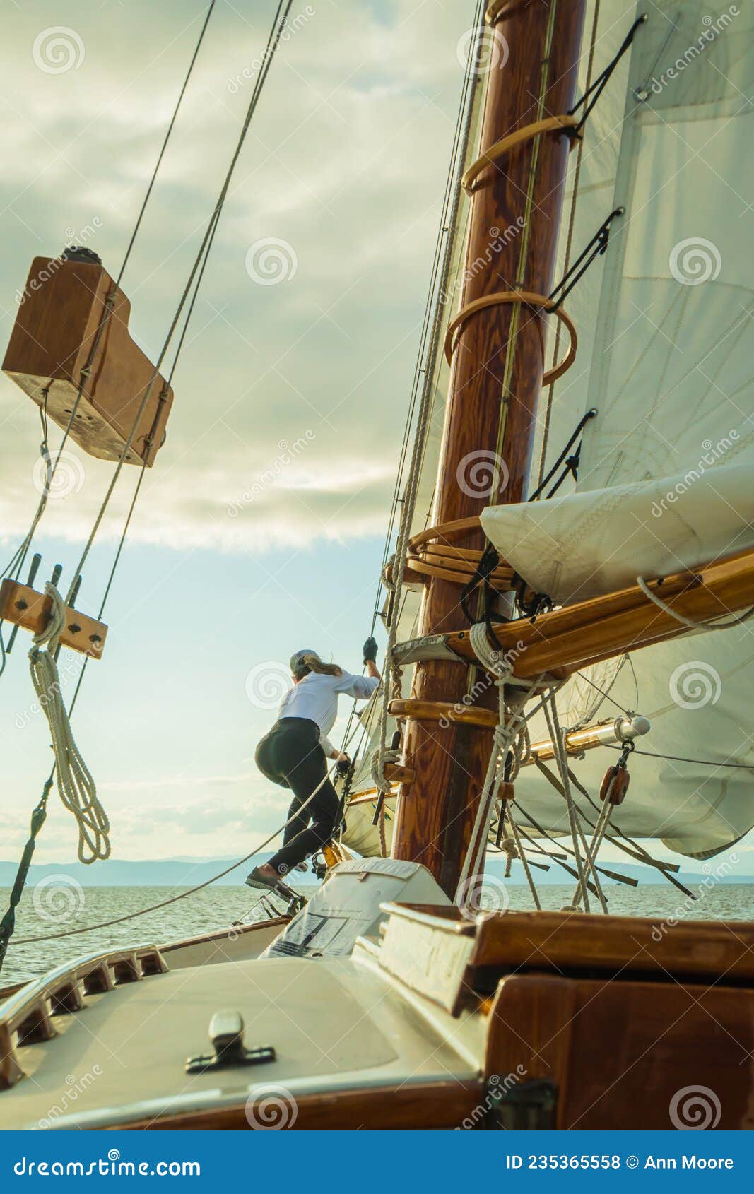 raising the sail on a historic  gaff-rigged `friendship` sloop