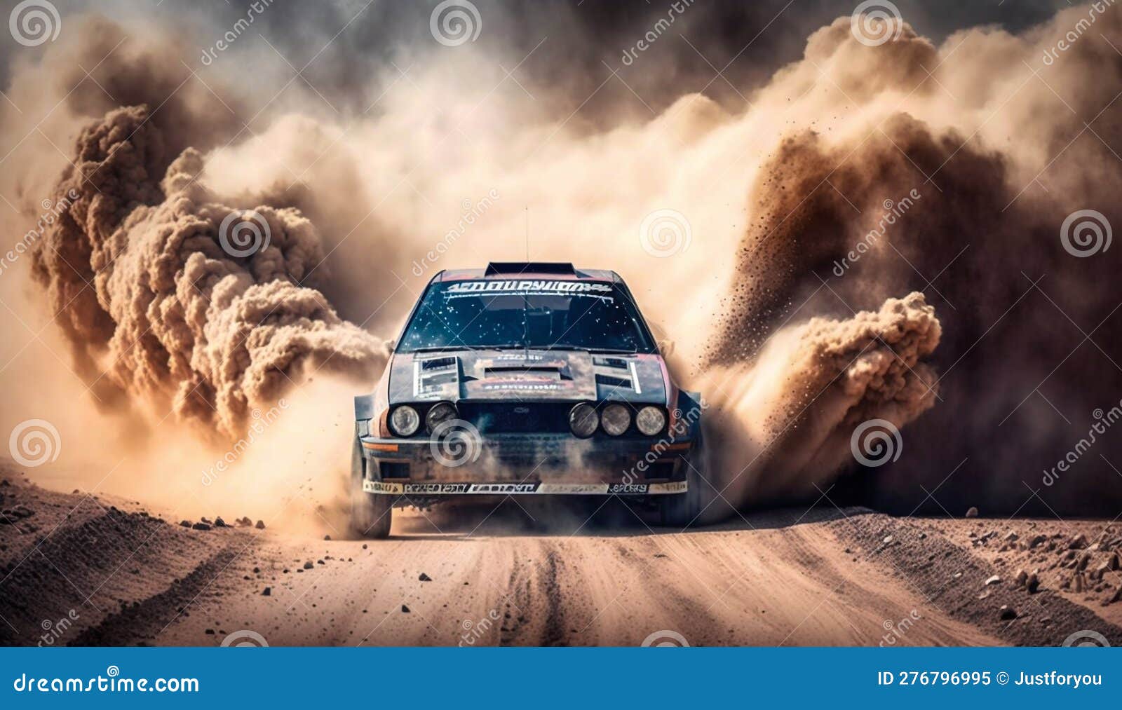 rally car driving in dirt, causing black clouds of dust. generative ai