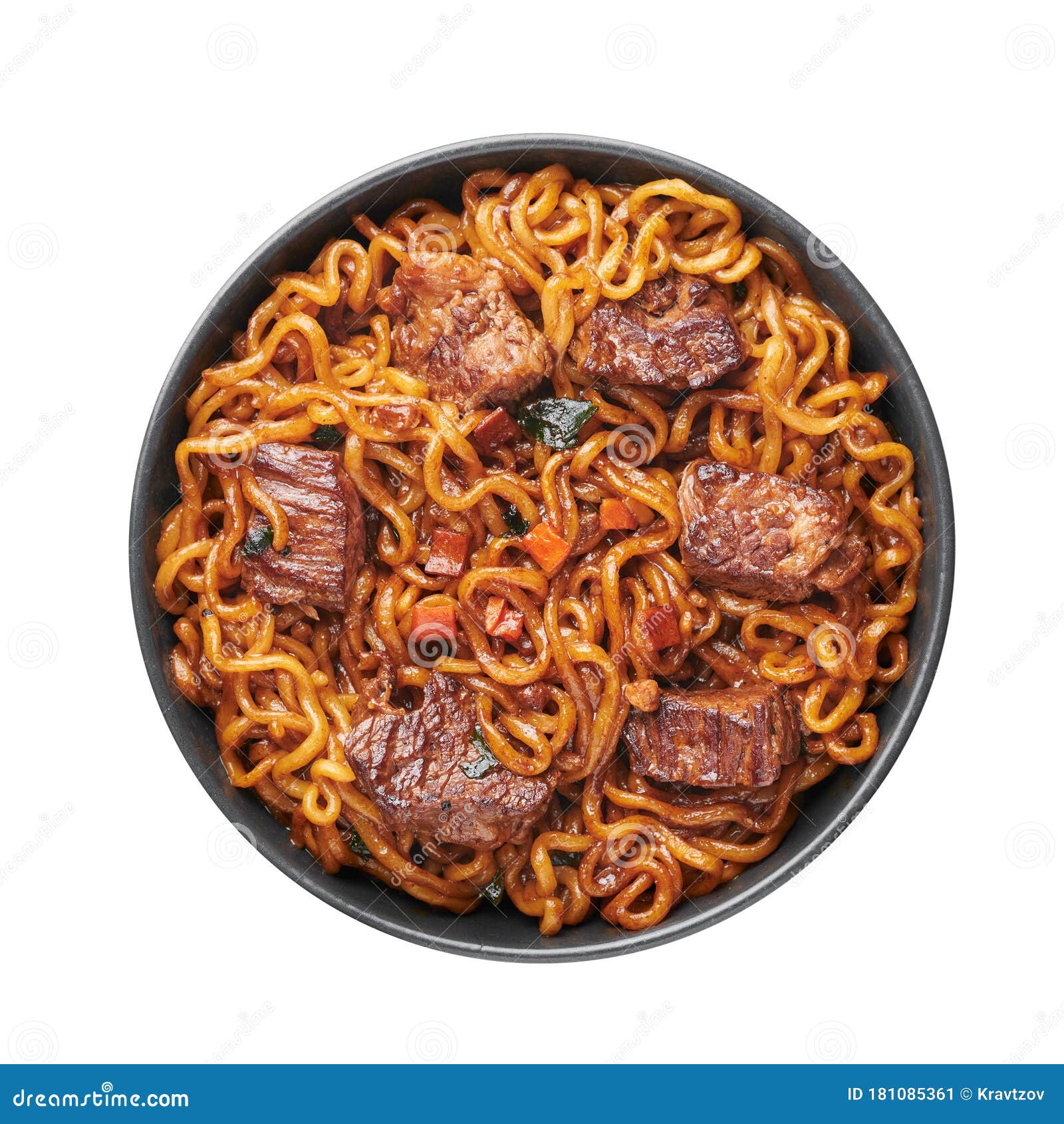 Ram-Don or Chapaguri Noodles with Beef Steak in Black Bowl Isolated on ...