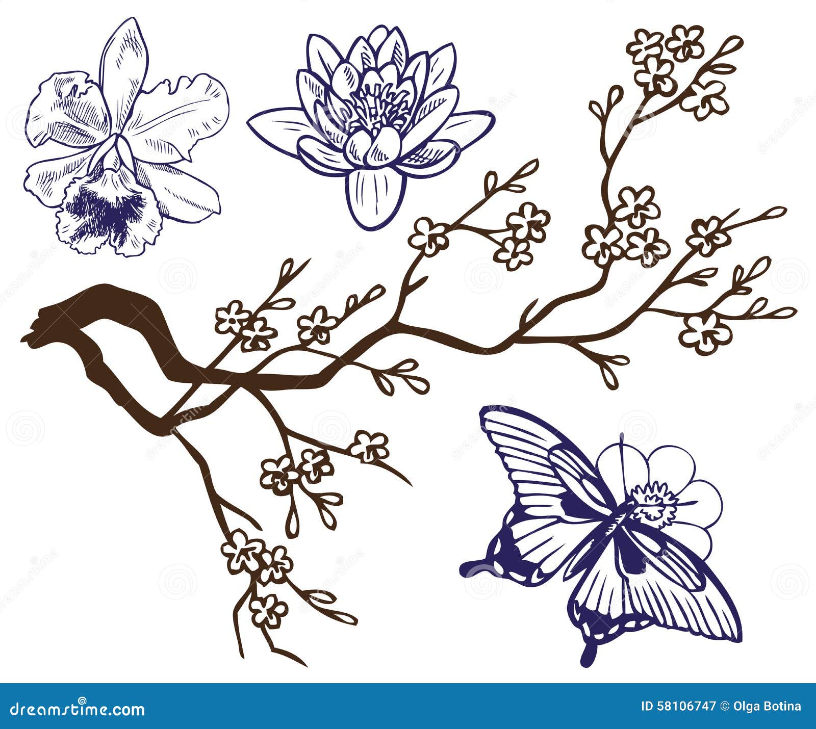 Rama Del Dibujo Con Las Flores Y Las Mariposas Ilustración del Vector - Ilustración de cubo, planta: 58106747 Rama Del Dibujo Con Las Flores Y Las Mariposas Ilustración del Vector - Ilustración de cubo, planta: 58106747