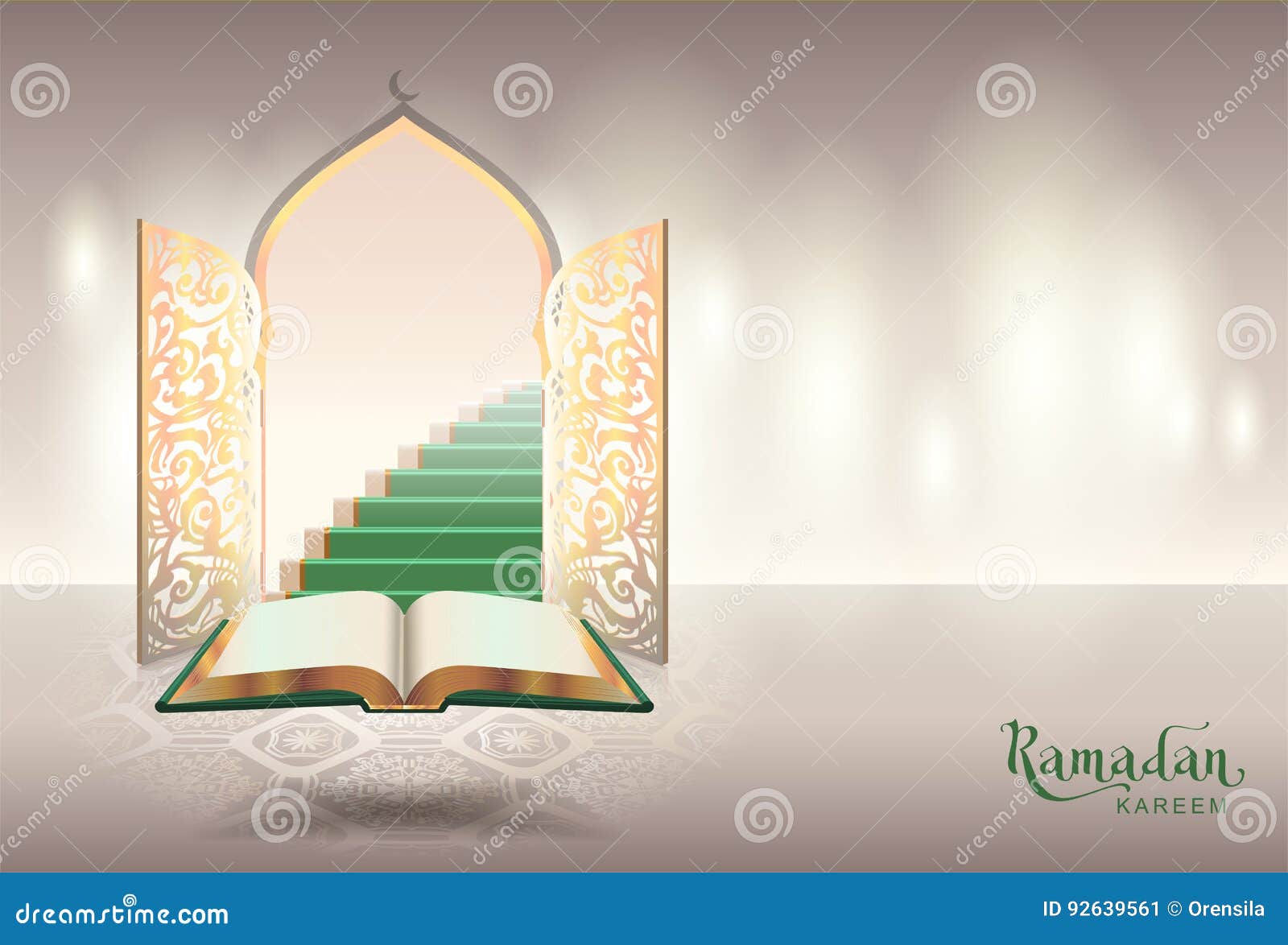 ramadam kareem text greeting card. open book of koran and gateway to paradise