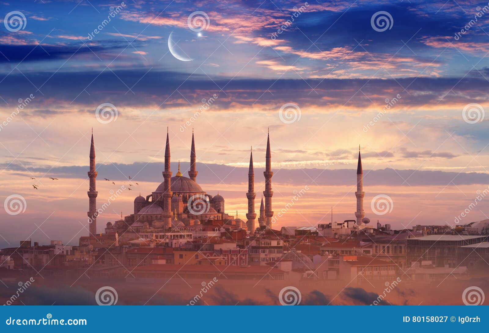 ramadan background with new moon, star and mosque