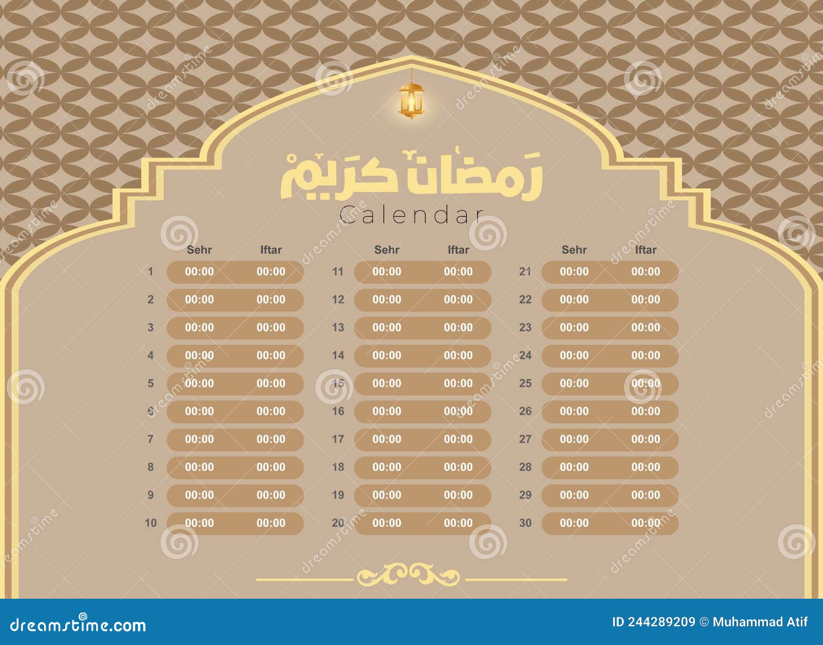 ramadan calendar editable  template. ramadan kareem fasting, sehr, and iftar timings schedule template