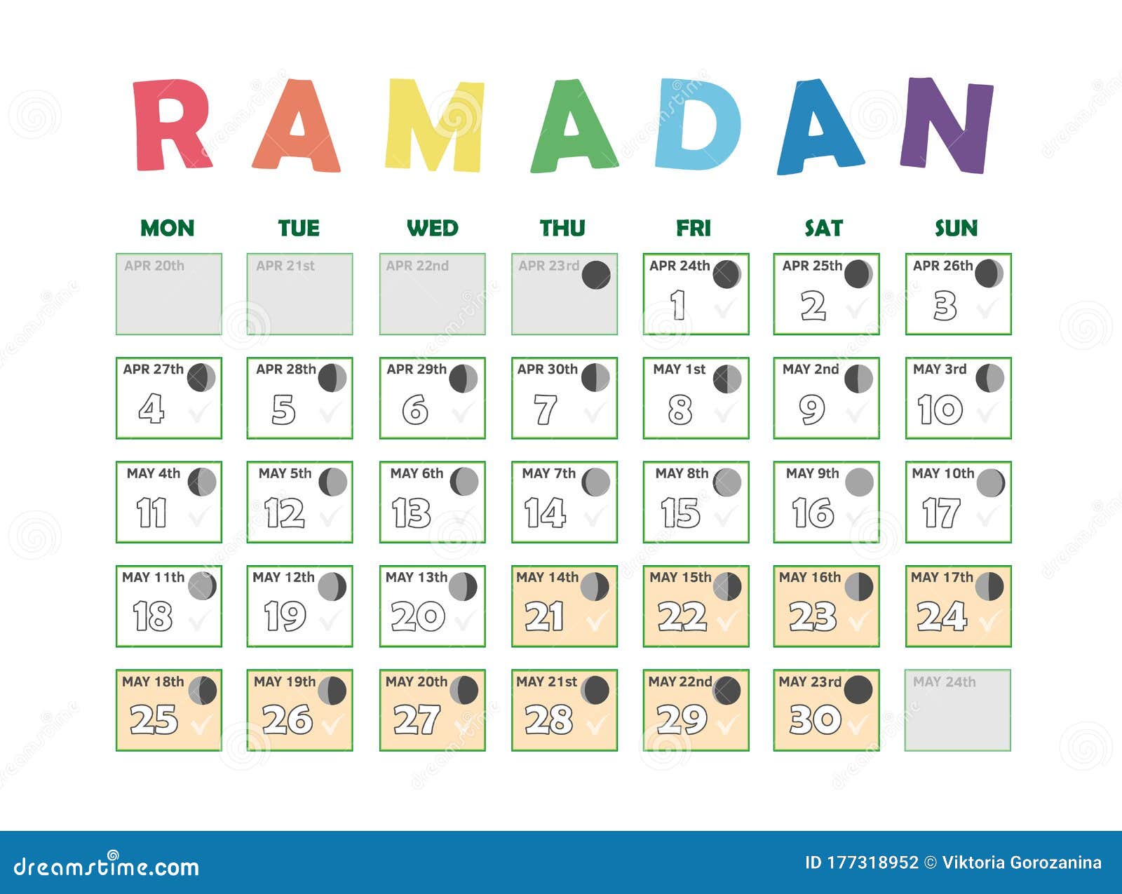 Ramadan Calendar 2020. Fasting Calendar, Moon Cycle Phases, New Moon