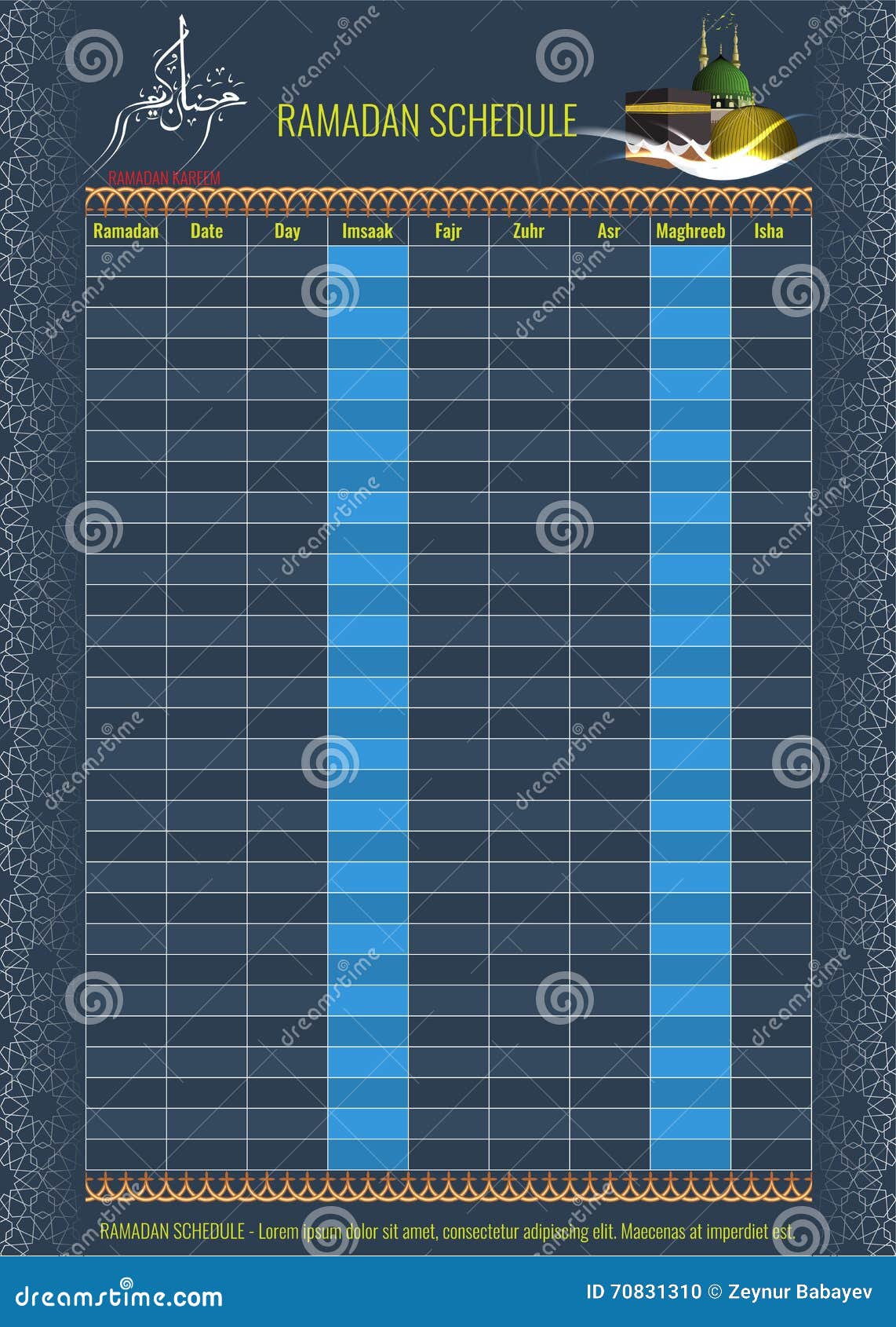 Ramadan Calendar Schedule Fasting and Prayer Time Guide Stock