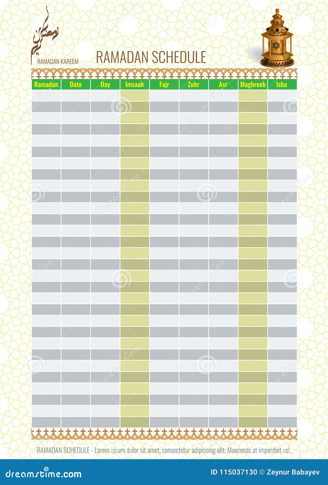 Ramadan Calendar Schedule Fasting and Prayer Time Guide Stock Vector
