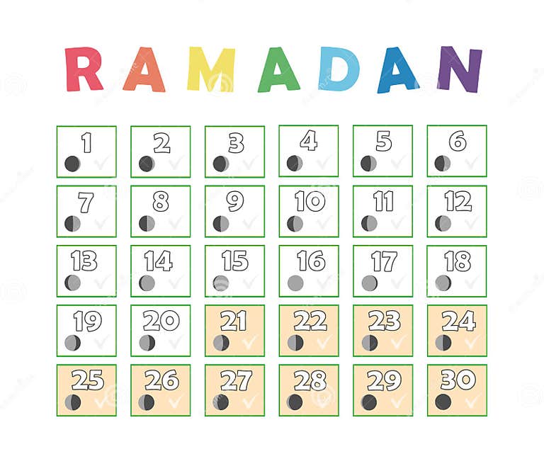 Ramadan Children Calendar. Fasting Tick Calendar, Moon Cycle Phases
