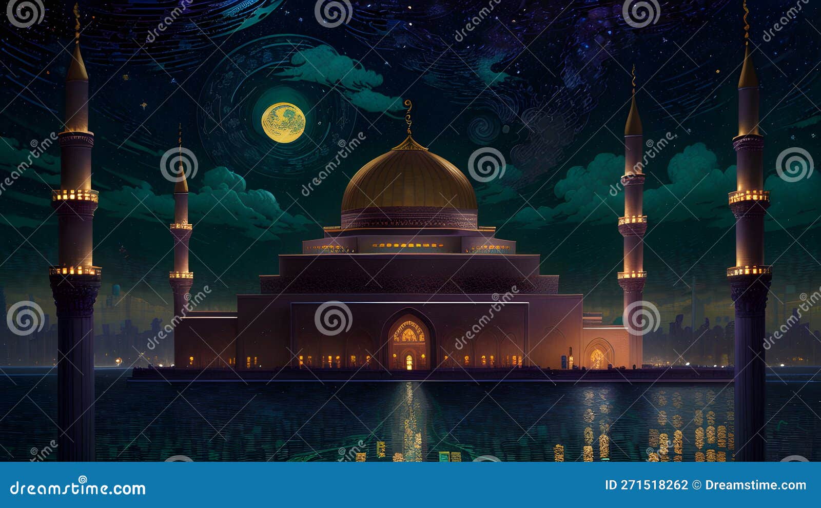 ramadan eid background beautiful night view of mosque stars moon amazing islamic architecture ai generative