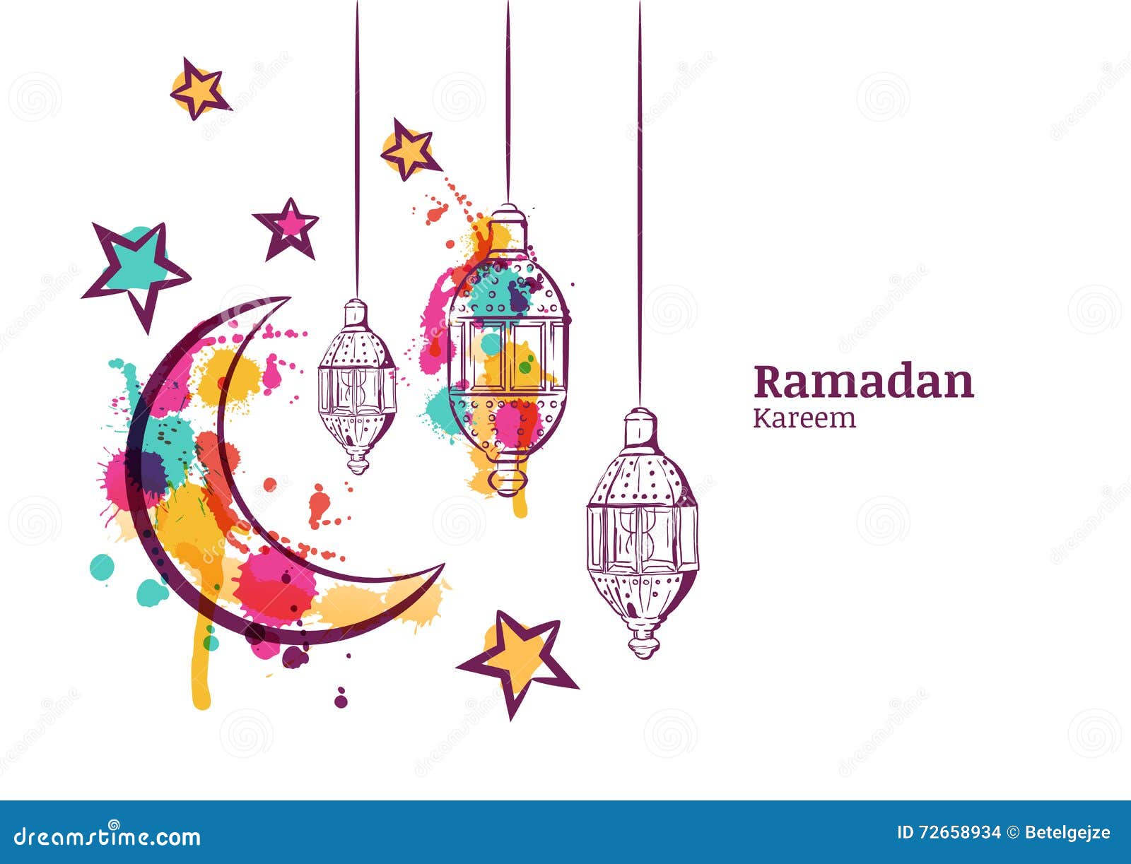 ramadan greeting card or banner horizontal background. traditional watercolor lanterns, moon and stars.