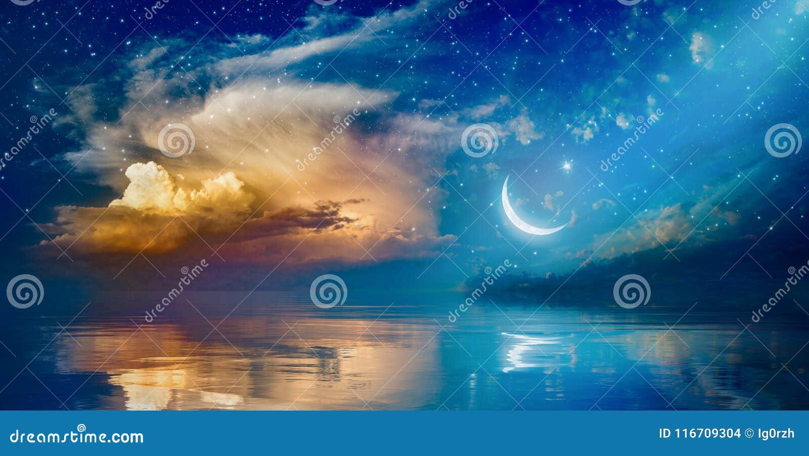 ramadan kareem background with crescent, stars and glowing cloud