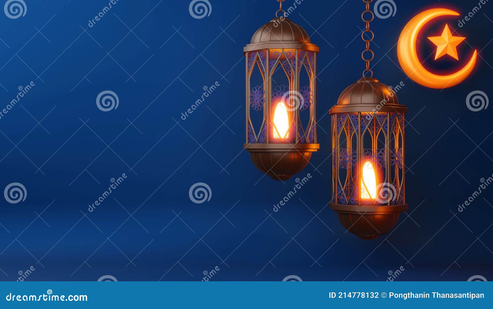 Lampe De Ramadan Fond Bleu Avec Et Décorations En Rendu 3d