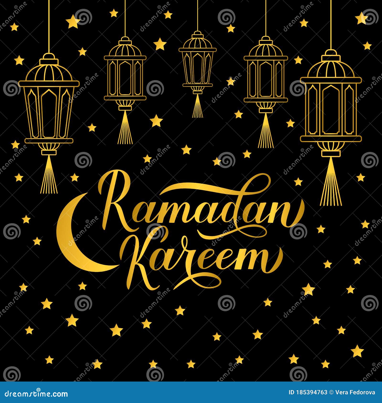 Ramadan Kareem Gold Calligraphy Lettering with Lanterns and Stars on Black  Background. Muslim Holy Month Poster Stock Vector - Illustration of card,  hand: 185394763