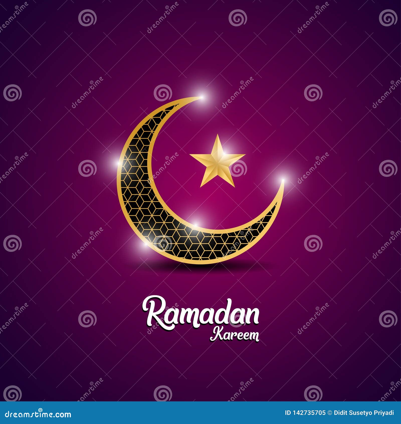 Ramadan Kareem Greeting Card Design With Golden Ornate Crescent On