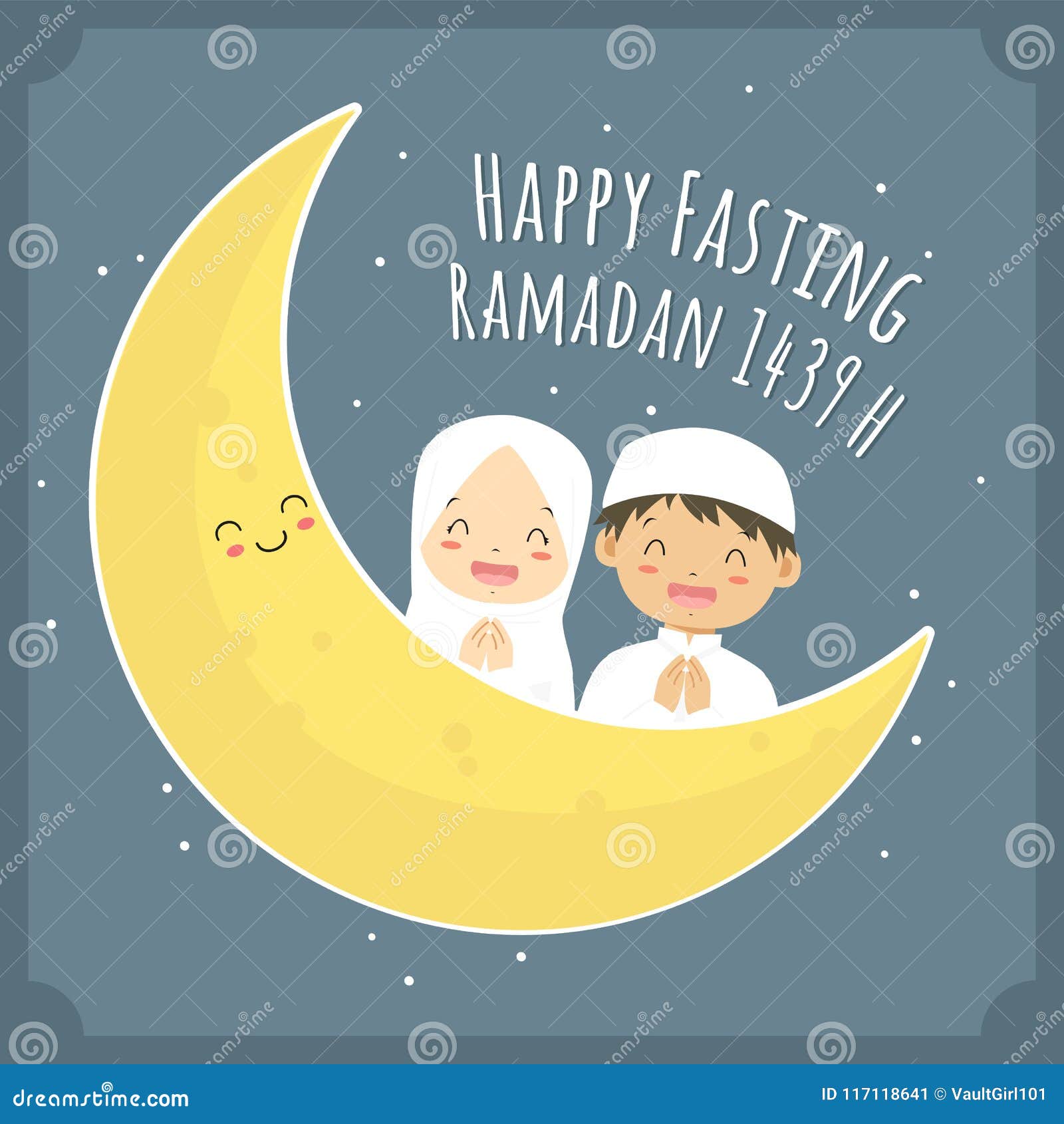 happy fasting greeting card, muslim children and moon cartoon 