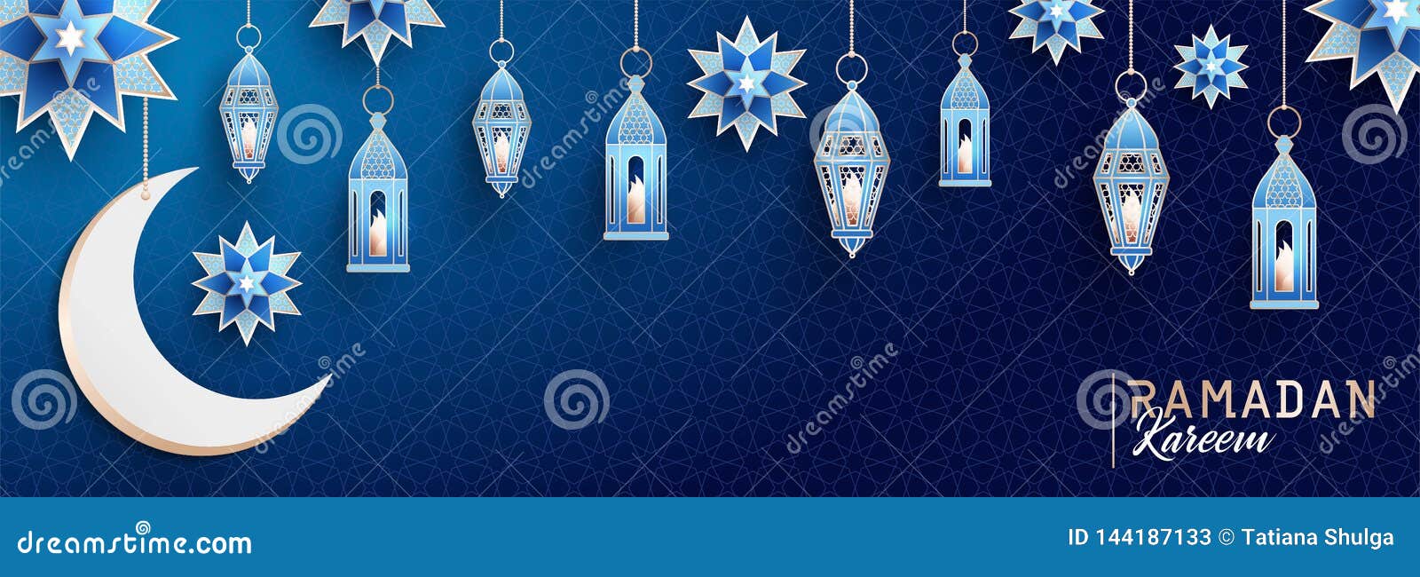 Ramadan Kareem horisontalbaner med arabesque, traditionella lyktor, halvmånformigt och stjärnor på mörkt - blå bakgrund för natth. E Arabesque, traditionella lyktor, halvmånformig och stjärnor på mörkt - blå bakgrund för natthimmel också vektor för coreldrawillustration