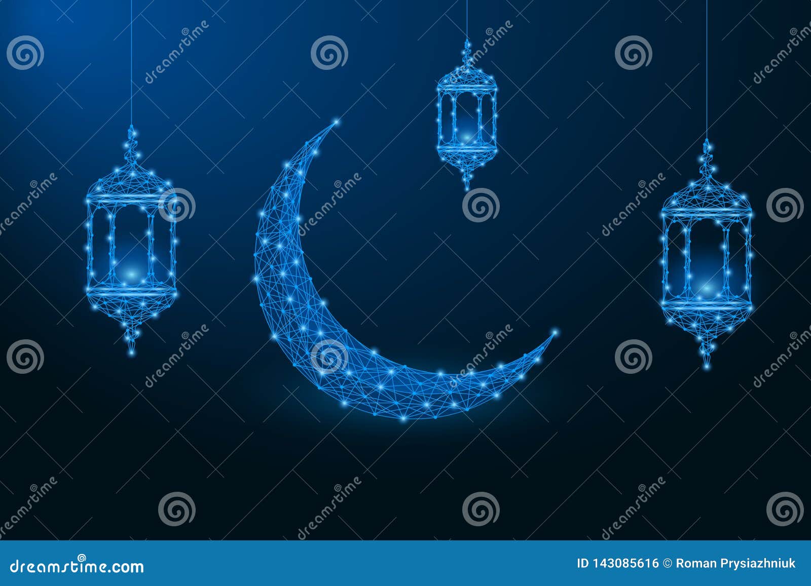 ramadan kareem  made by points and lines, polygonal wireframe mesh. low poly islamic crescent and arabic lantern.