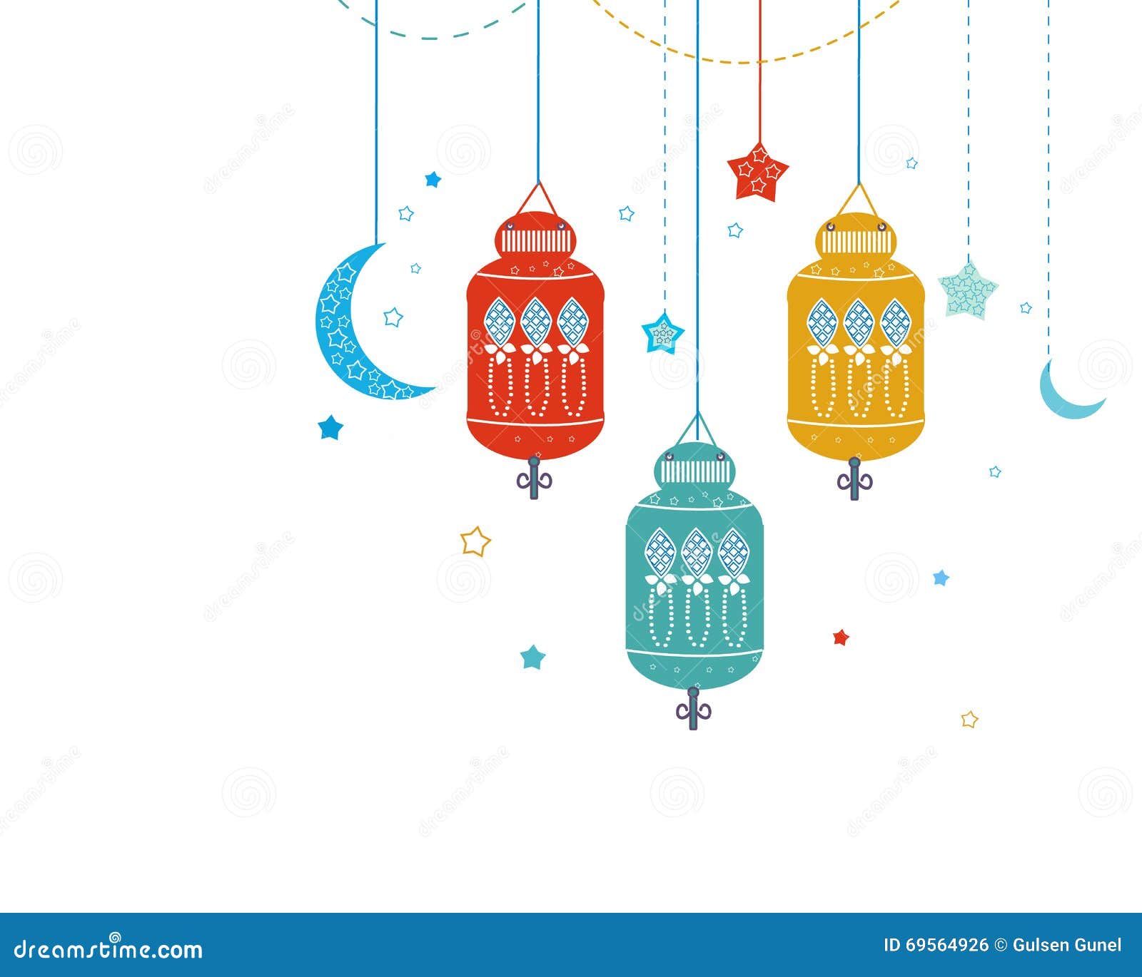 Ramadan Kareem With Colorful Lamps, Crescents And Stars Ramadan Kareem With Colorful Lamps, Crescents And Stars